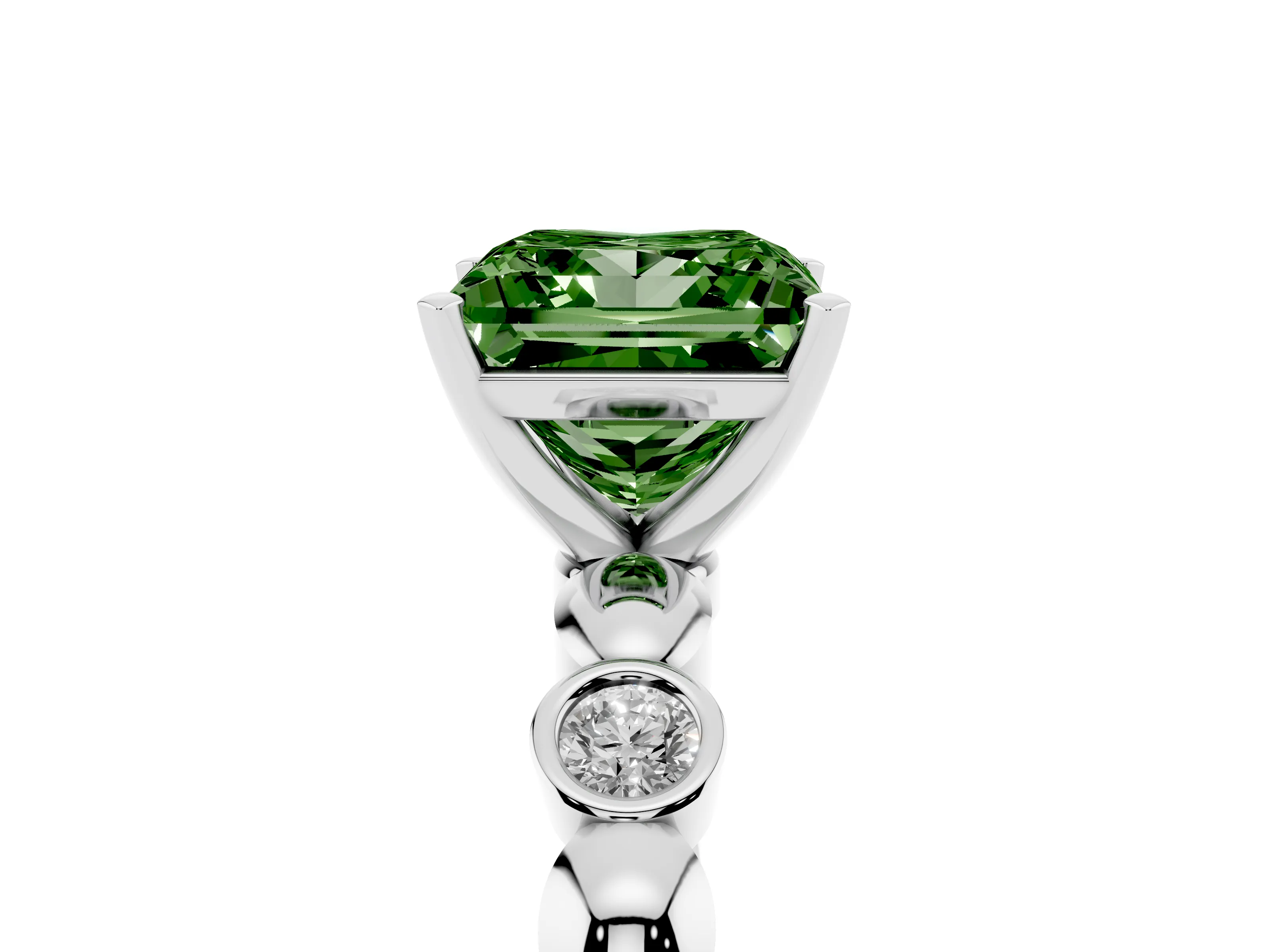 Fancy Green Princess Cut Diamond Solitaire Ring Set in Silver with Bezel-Set Accents on Beaded Band and Prong Setting