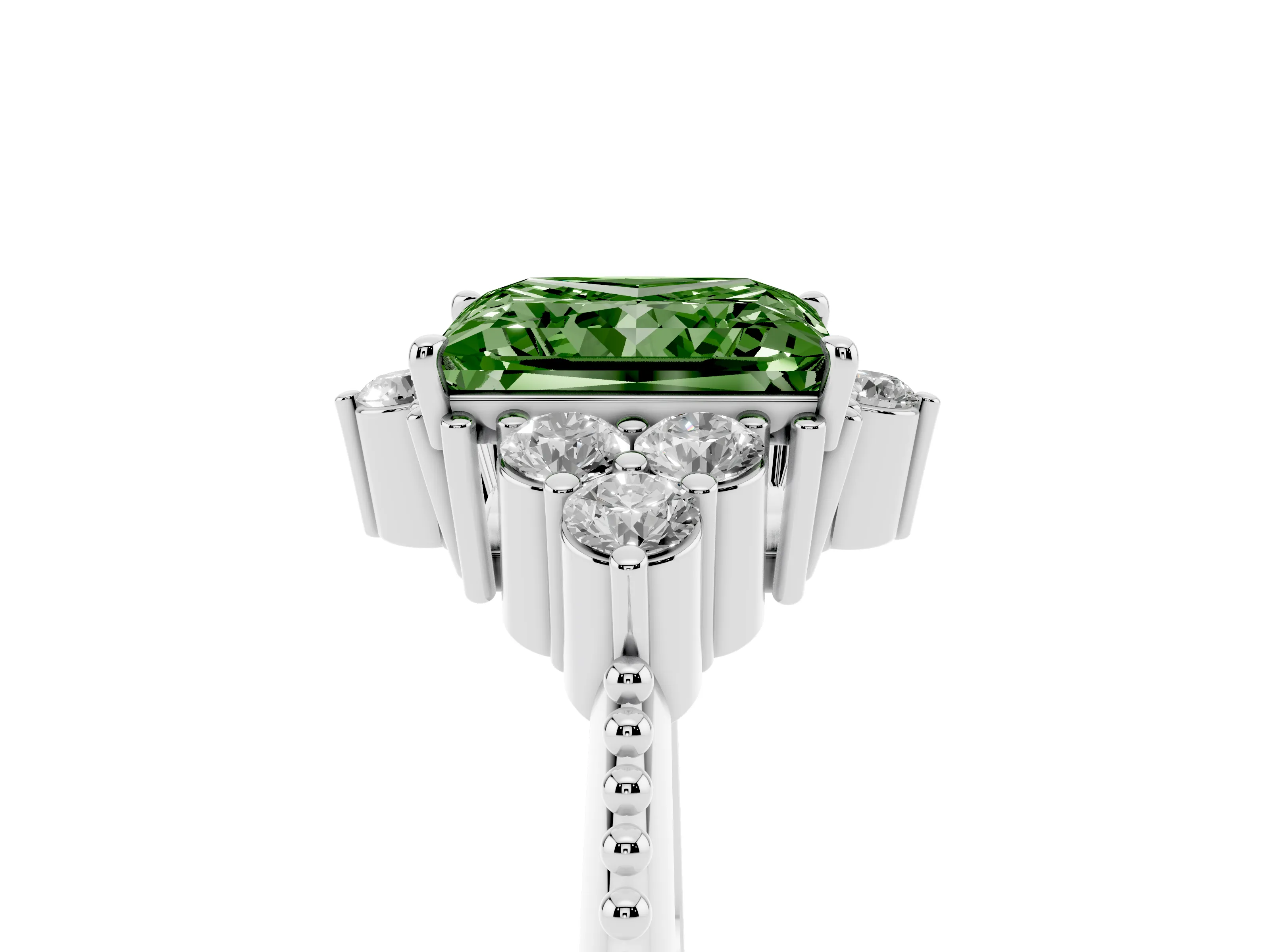 Fancy Green Princess Cut Diamond Cluster Ring Set in Silver with Beaded Band