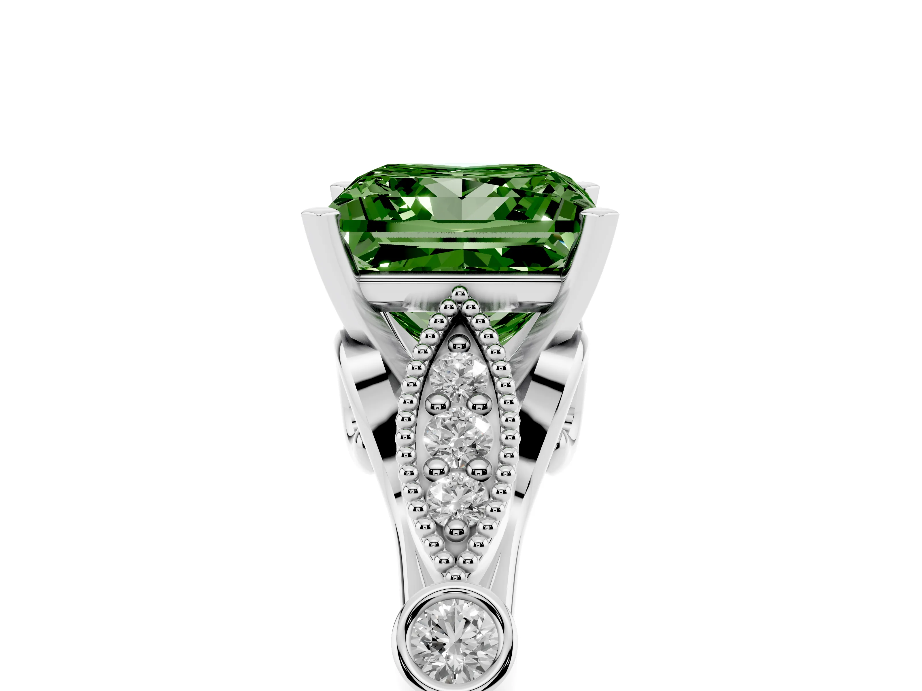 Fancy Green Princess Cut Diamond Solitaire Ring Set in Platinum with Milgrain Marquise and Bezel Accents