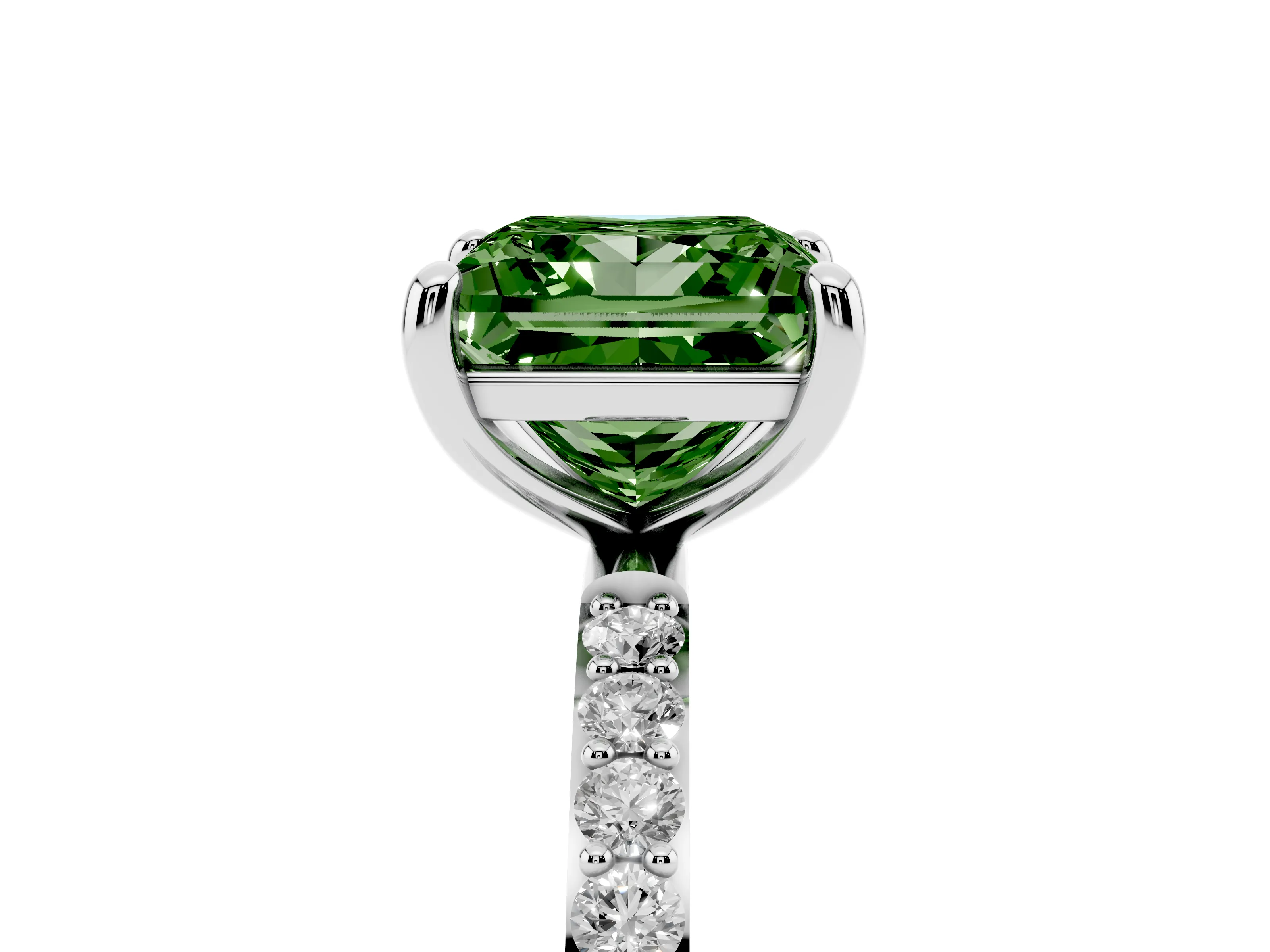 Fancy Green Princess Cut Diamond Solitaire Ring Set in White gold with Round Pavé Band and Prong Setting