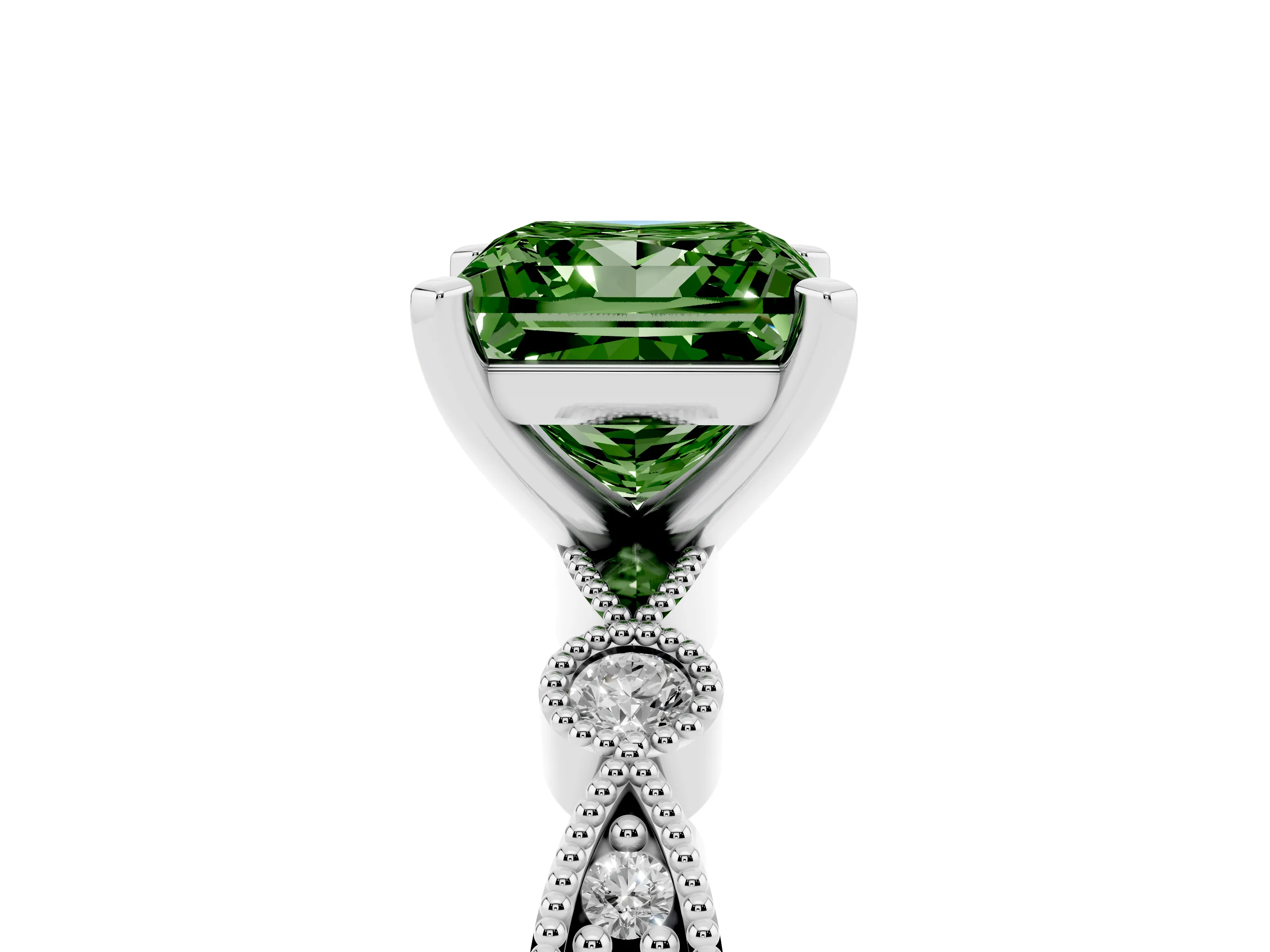 Fancy Green Princess Cut Diamond Solitaire Engagement Ring Set in Silver with Milgrain Bezel Accent Band