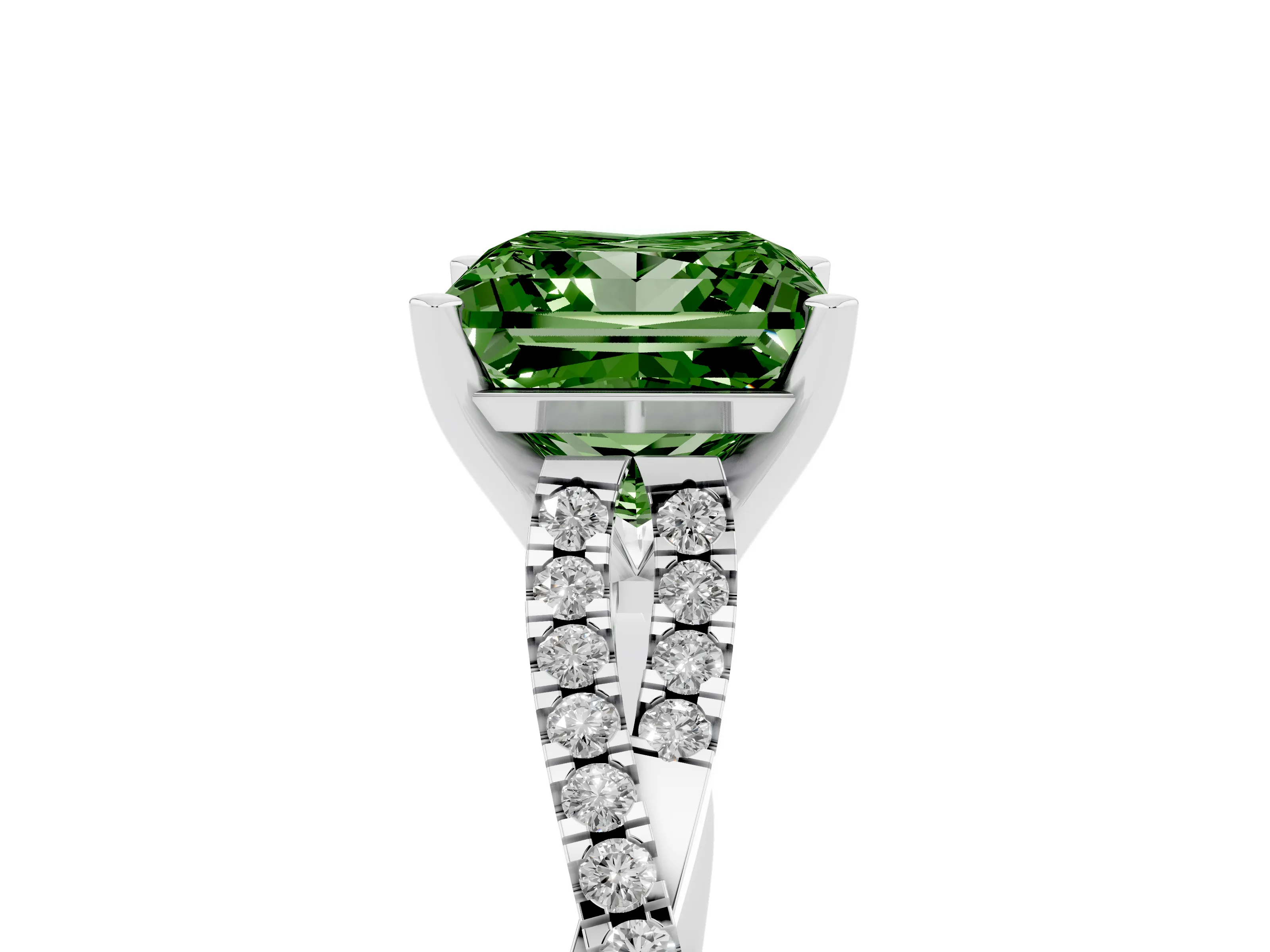 Fancy Green Princess Cut Diamond Solitaire Engagement Ring Set in Platinum with Twisted Pavé Band and Prong Setting