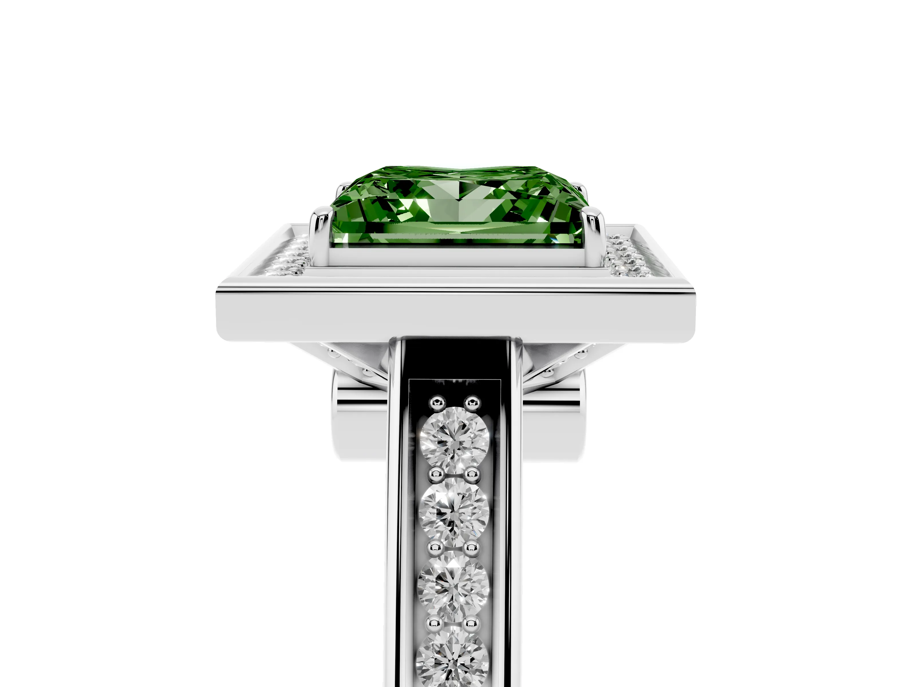 Fancy Green Princess Cut Diamond Halo Solitaire Ring Set in Platinum with Pavé Band and Bezel Setting