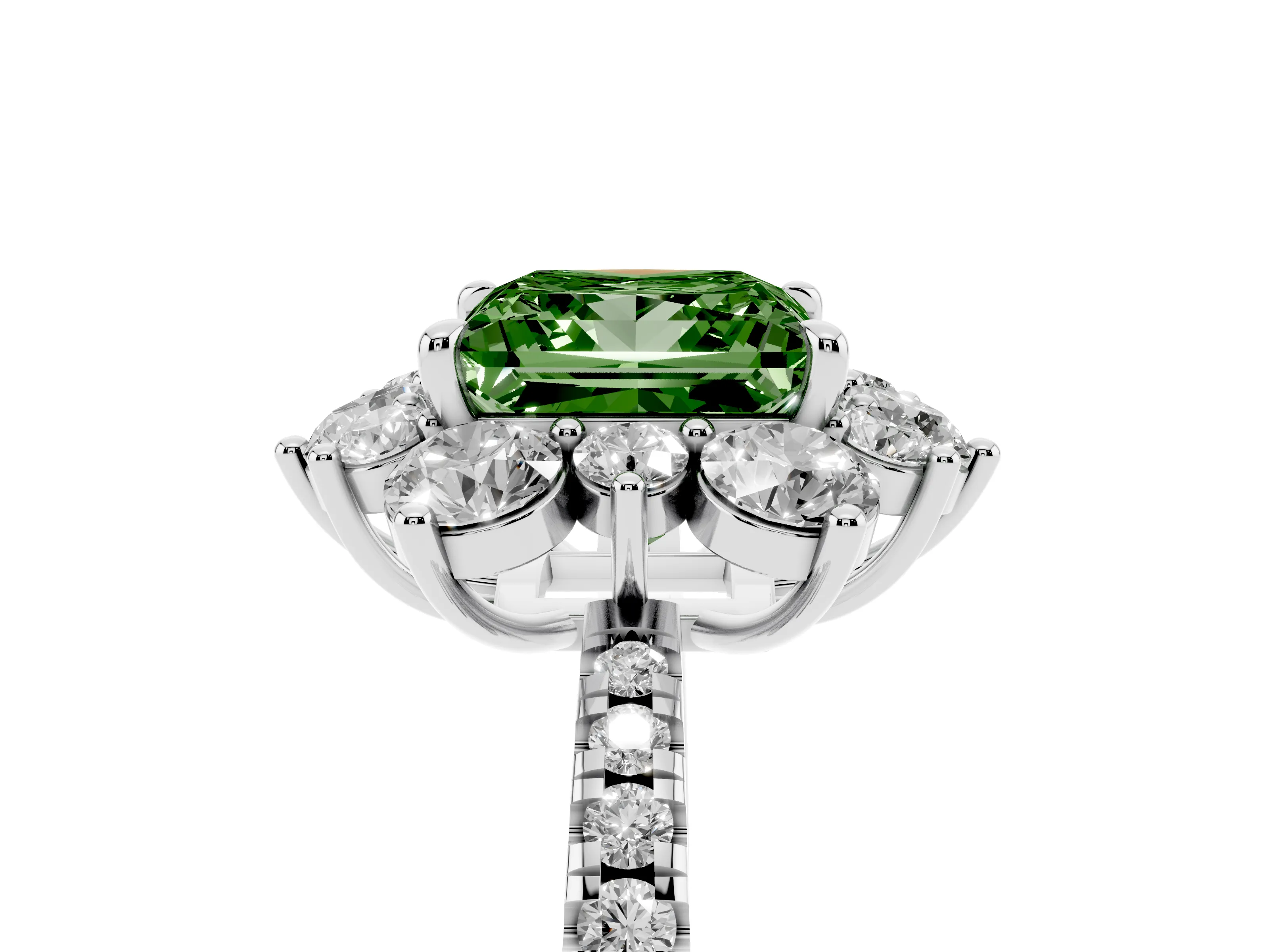 Fancy Green Princess Cut Diamond Floral Halo Ring Set in White gold with Round Pavé Band and Prong Setting