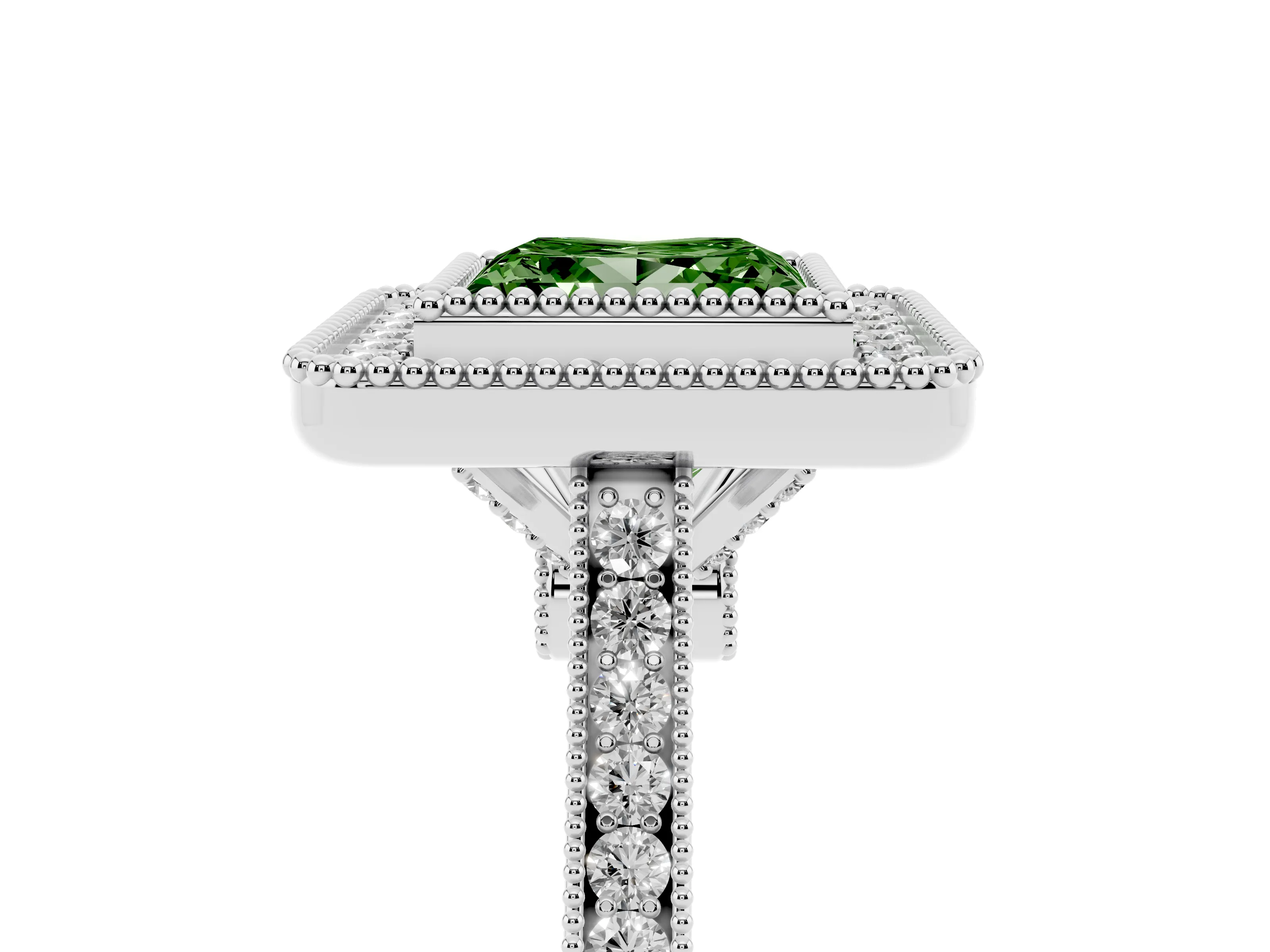 Fancy Green Princess Cut Diamond Halo Ring Set in Platinum with Milgrain Frame and Pavé Band