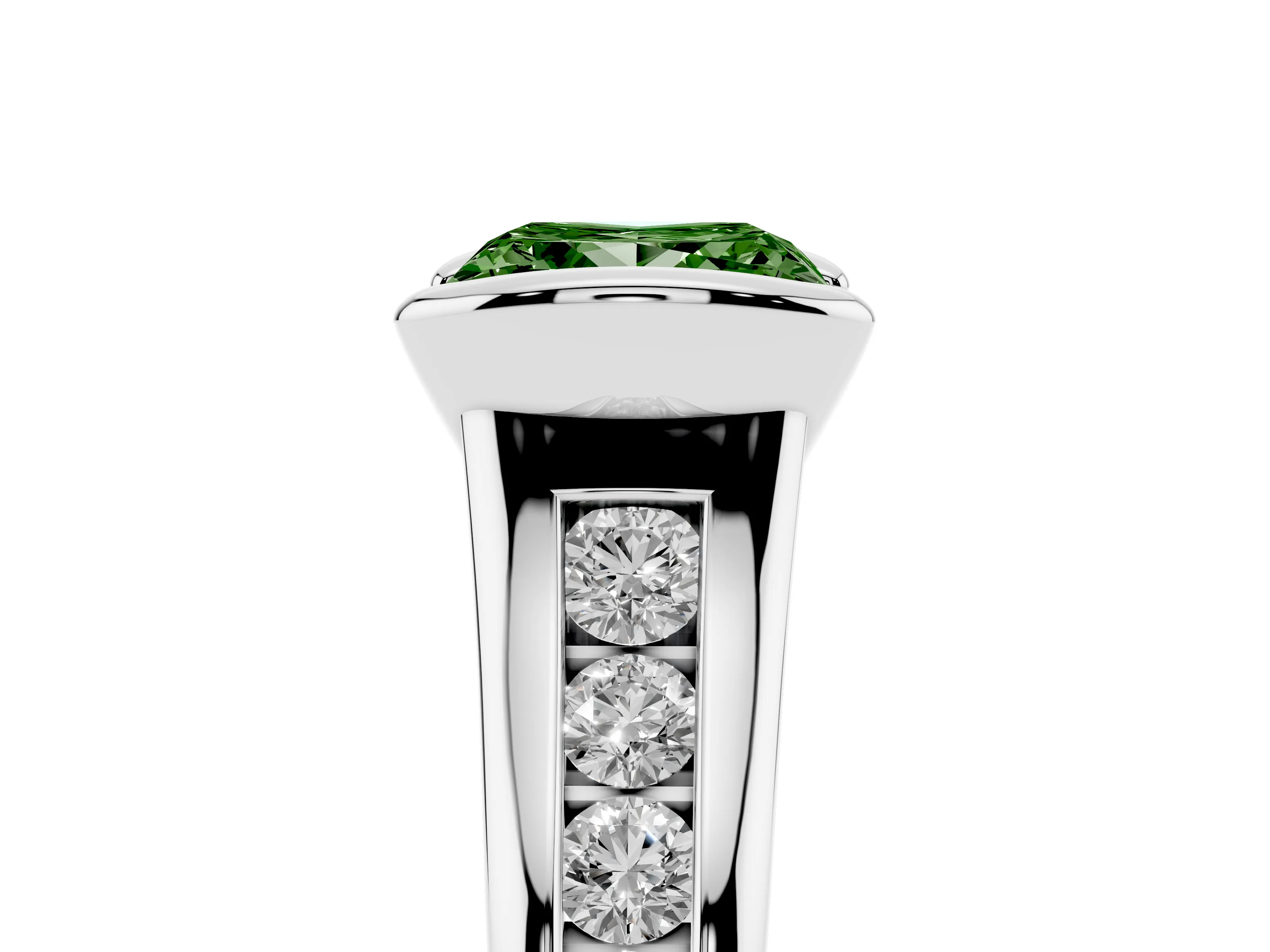 Fancy Green Princess Cut Diamond Bezel-Set Solitaire Ring Set in Silver with Channel-Set Band