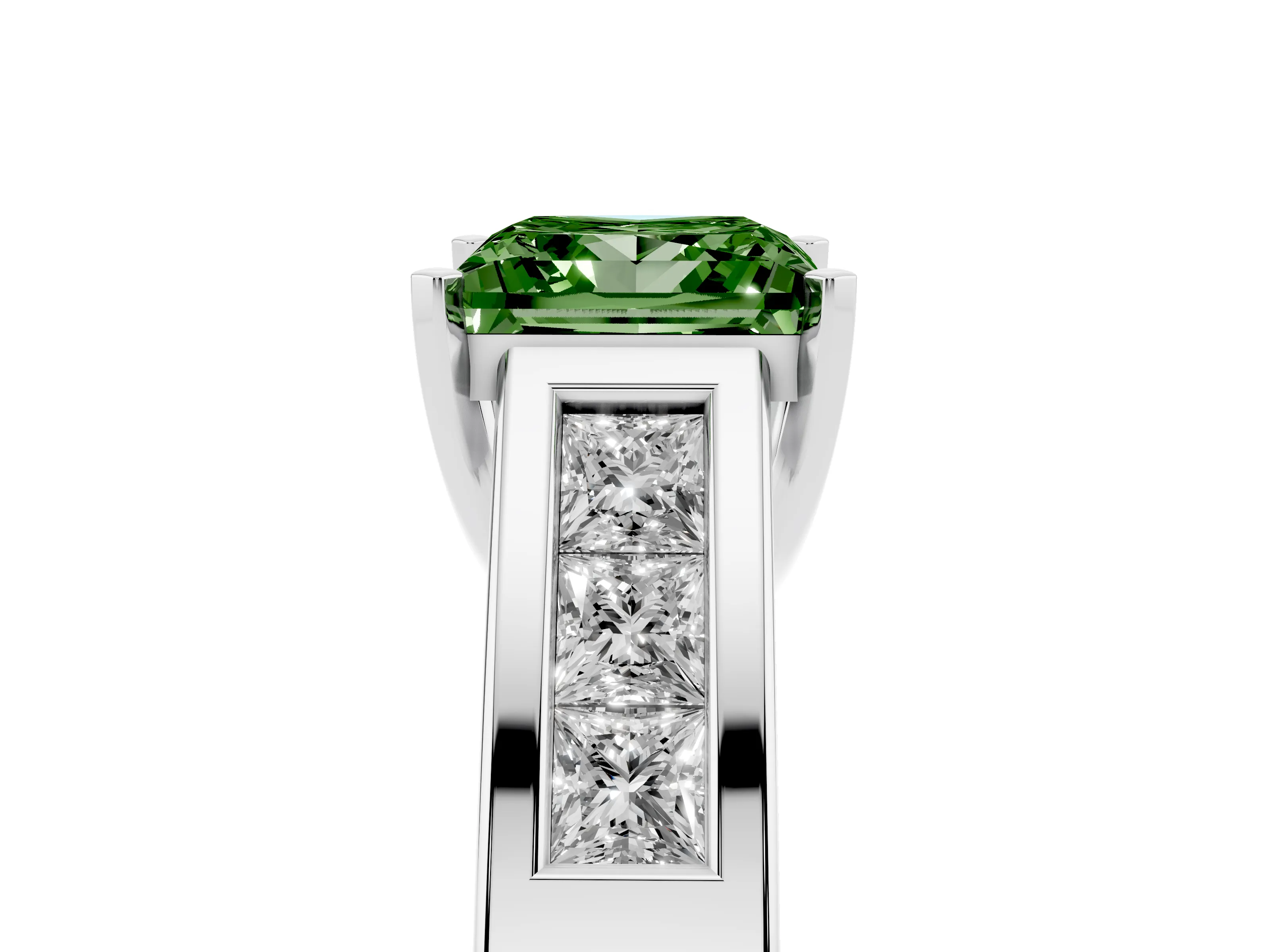 Fancy Green Princess Cut Diamond Solitaire Ring Set in Silver with Channel-Set Accent Stones and Prong Setting