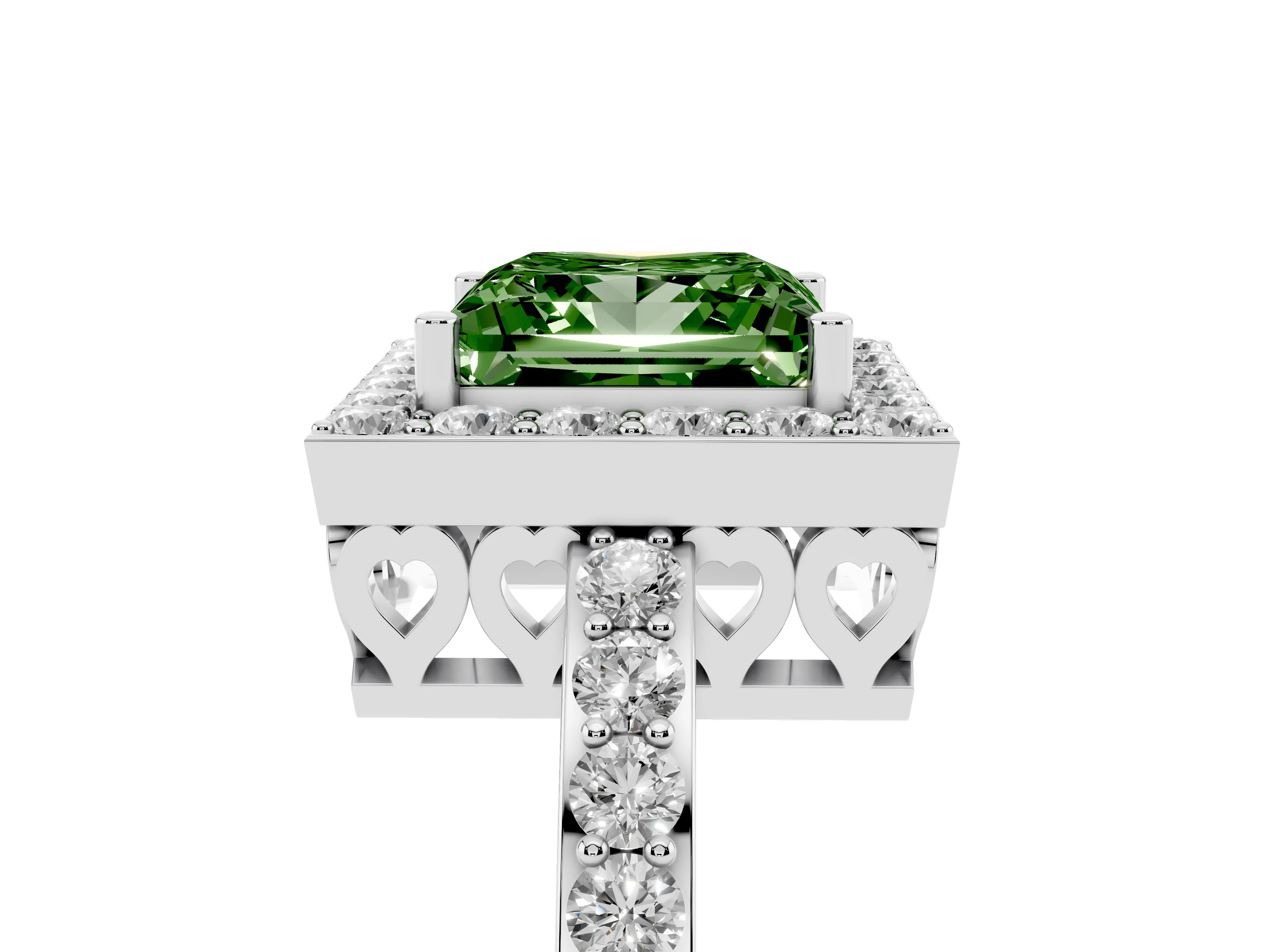 Fancy Green Princess Cut Diamond Halo Ring Set in Silver with Pavé-Setting Band and Open Prong Center
