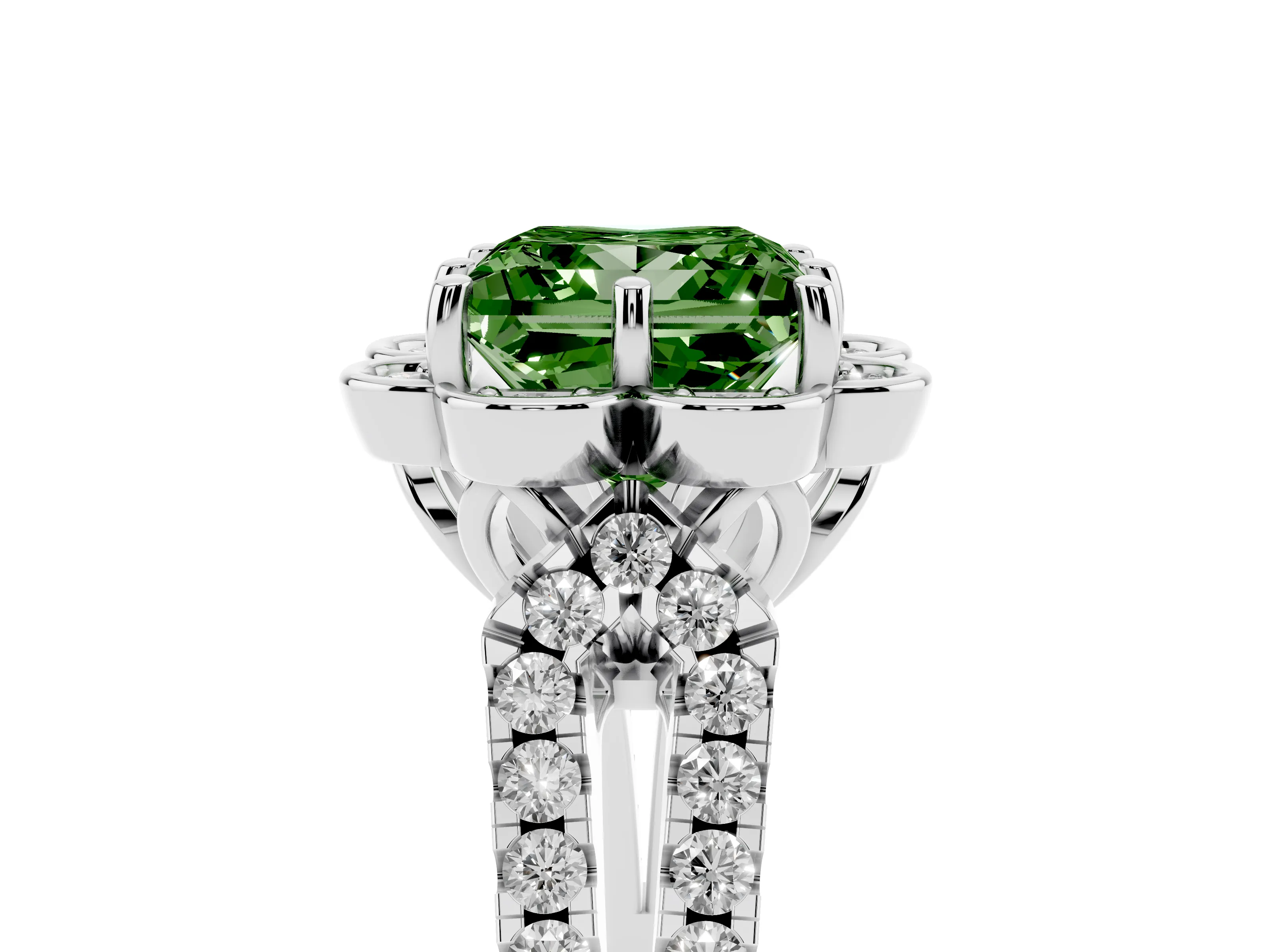 Fancy Green Princess Cut Diamond Floral Halo Split Shank Engagement Ring Set in Silver with Pavé Shank
