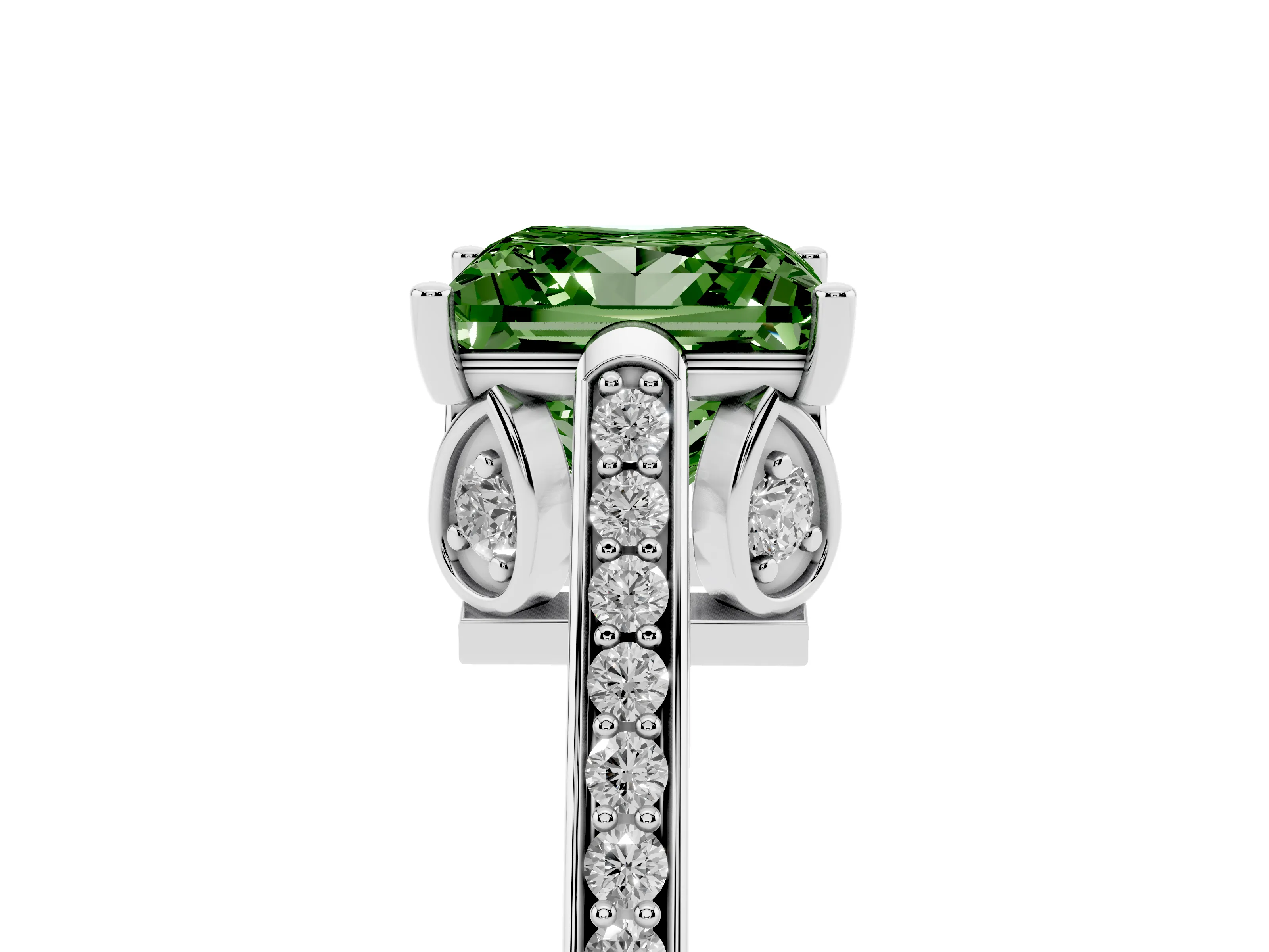 Fancy Green Princess Cut Diamond Cathedral Pavé Engagement Ring Set in Silver with Prong Setting