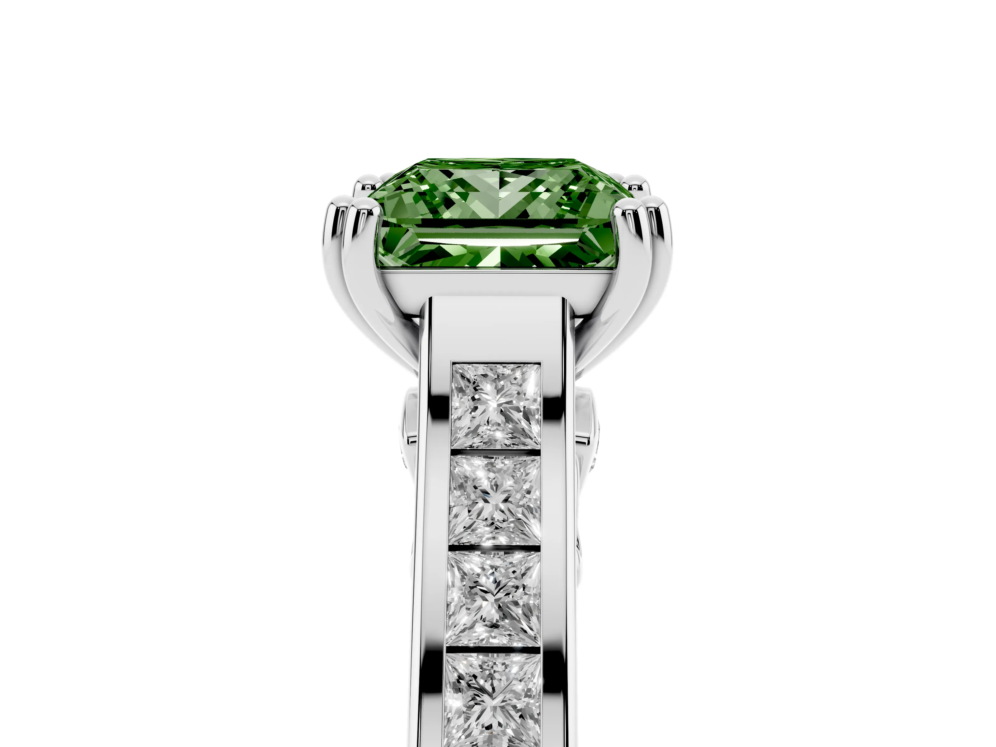 Fancy Green Princess Cut Diamond Channel Set Solitaire Engagement Ring Set in Silver with Prong Setting