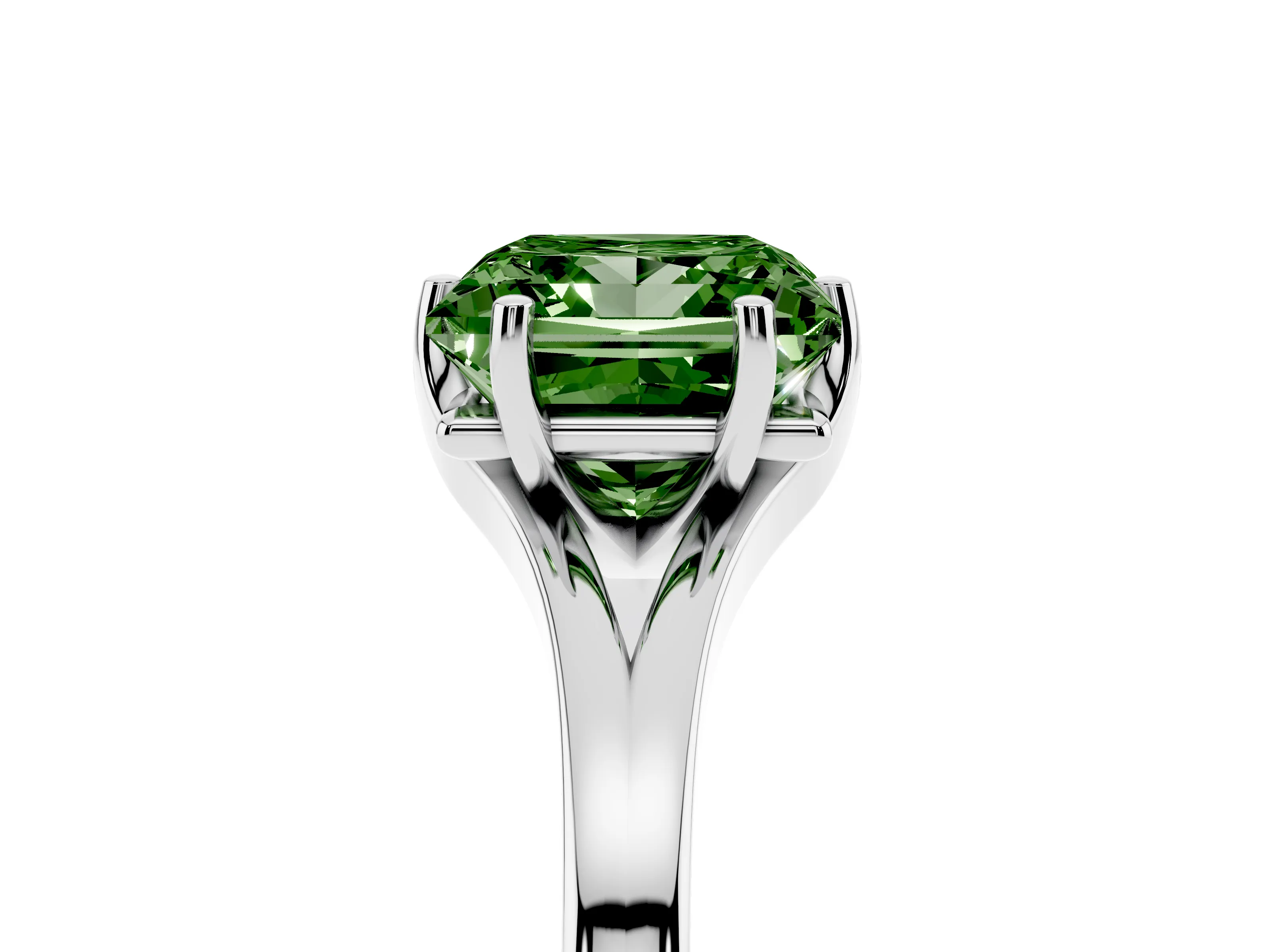 Fancy Green Princess Cut Diamond Solitaire Ring Set in White gold with Polished Tapered Band and Prong Setting