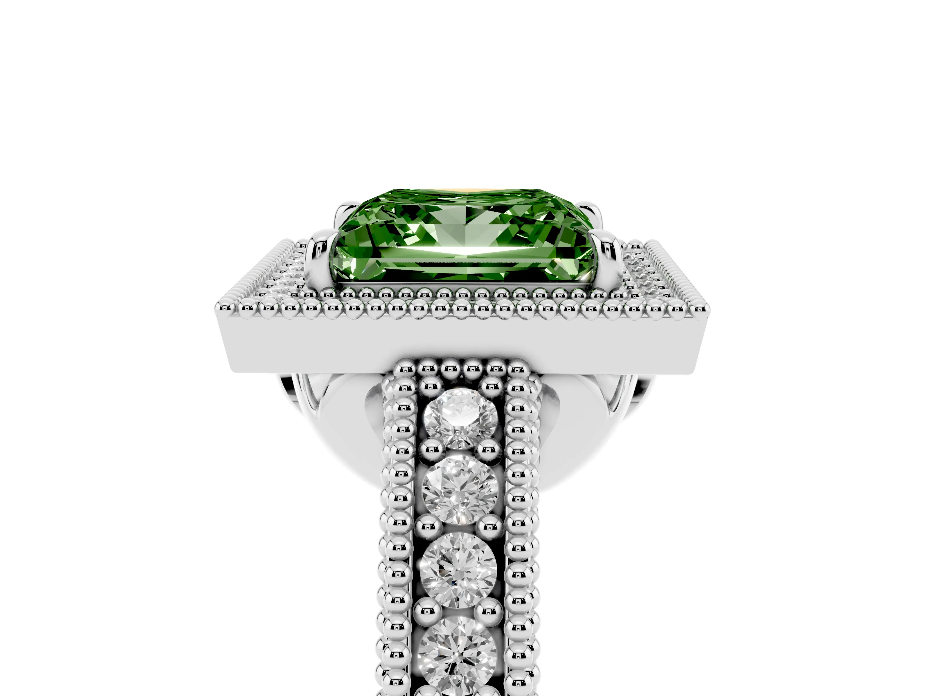 Fancy Green Princess Cut Diamond Halo Ring Set in White gold with Round Accent Halo, Pavé Band and Prong Setting