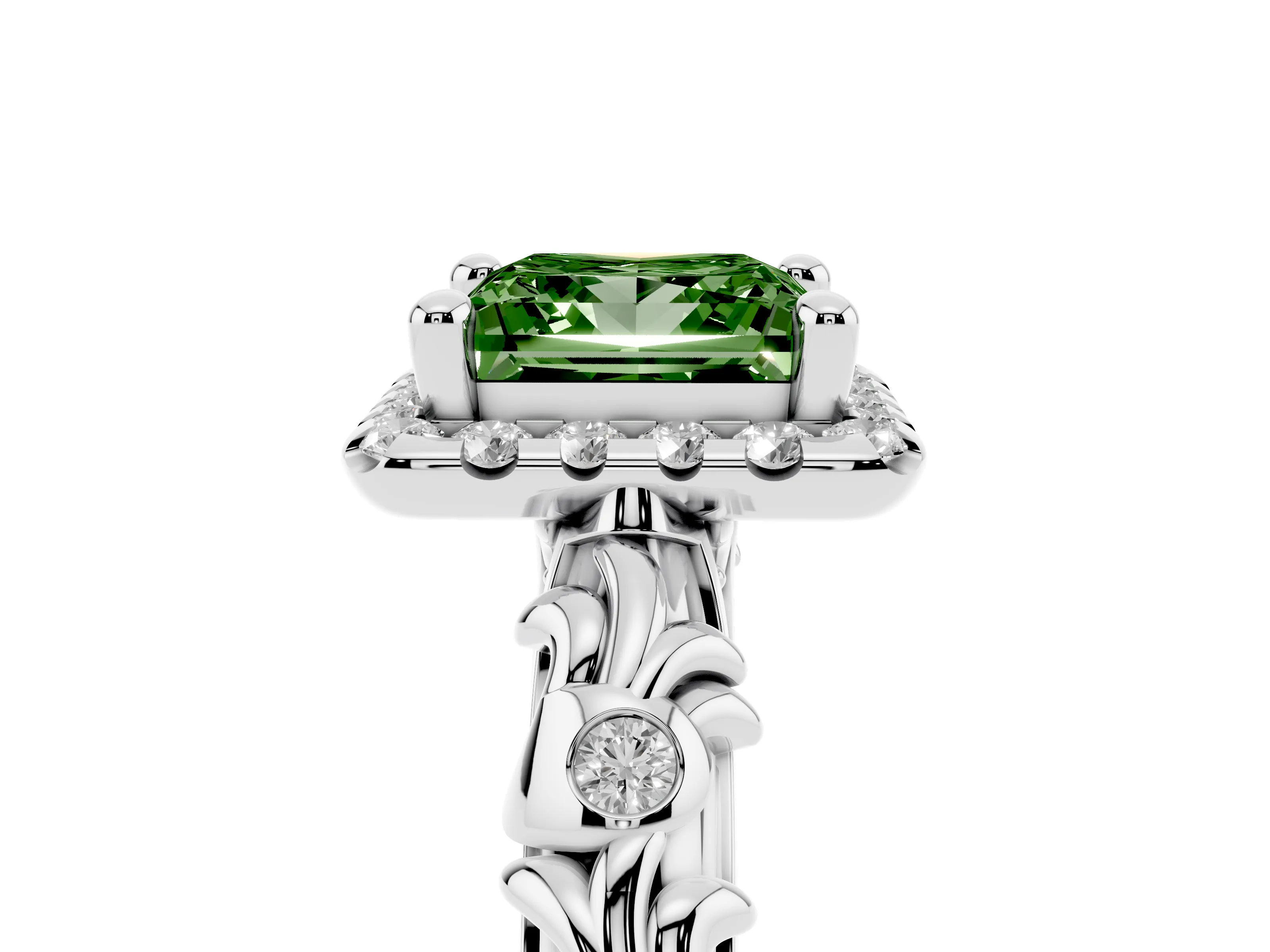 Fancy Green Princess Cut Diamond Halo Ring Set in Silver with Filigree Leaf Band and Prong Setting