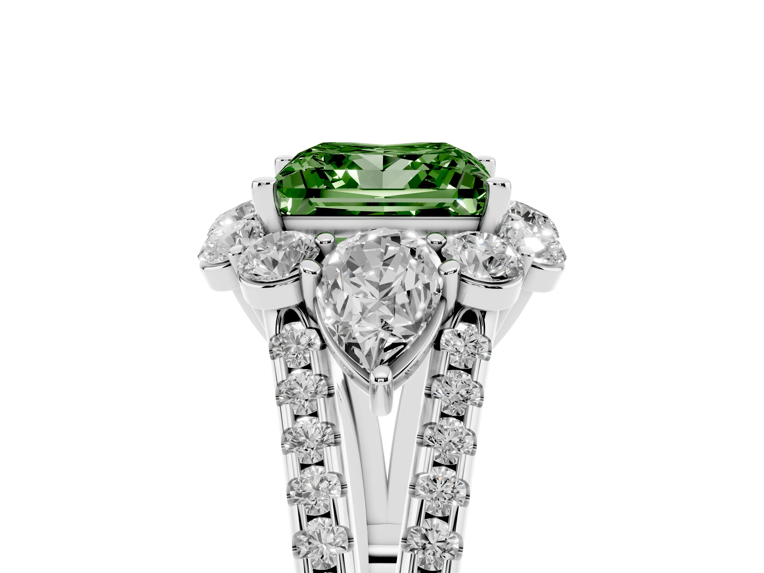 Fancy Green Princess Cut Diamond Halo Split Shank Engagement Ring Set in Platinum with Prong-Held Center Stone