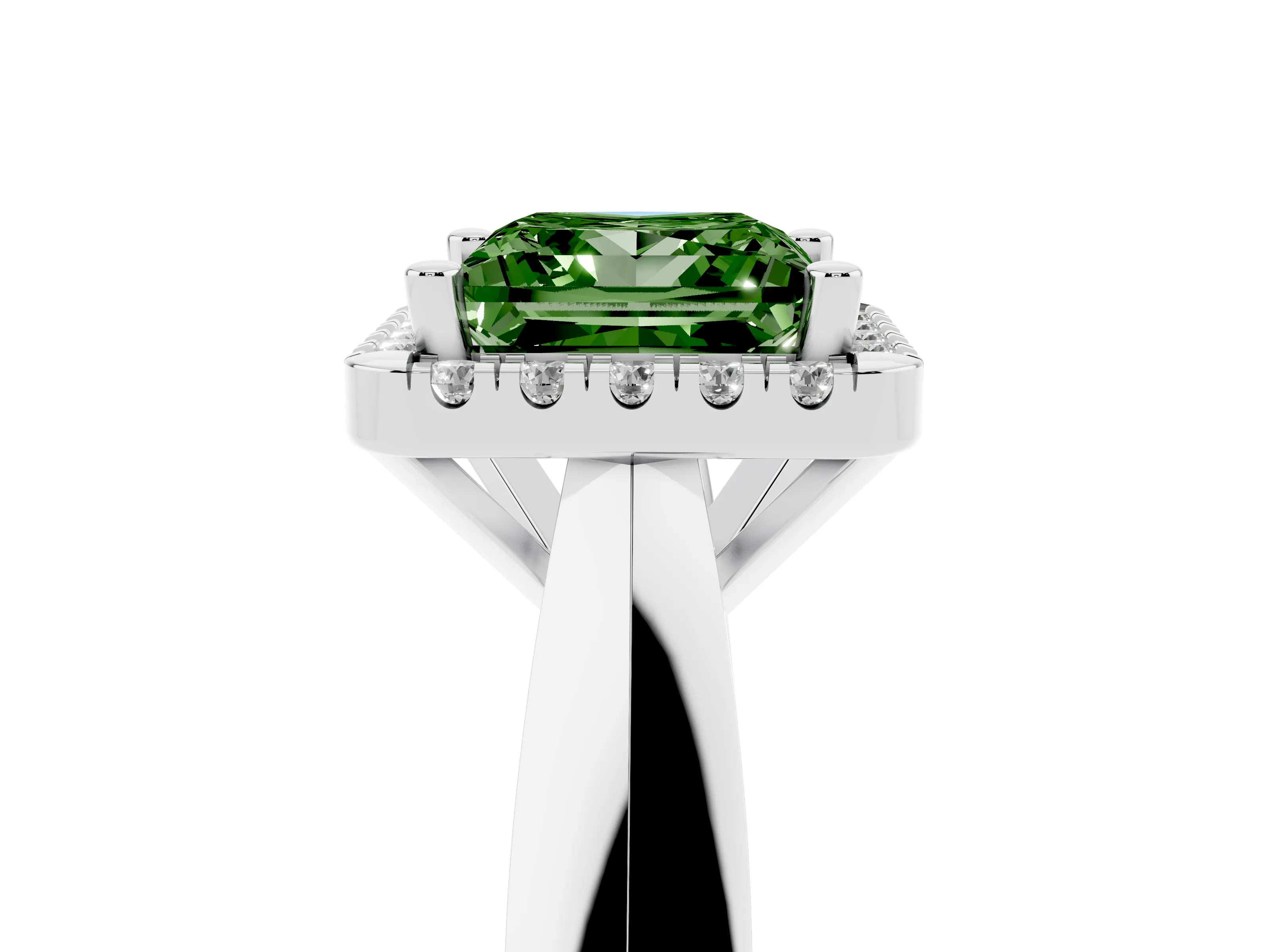 Fancy Green Princess Cut Diamond Halo Solitaire Engagement Ring Set in White gold with Square Band and Prong Setting