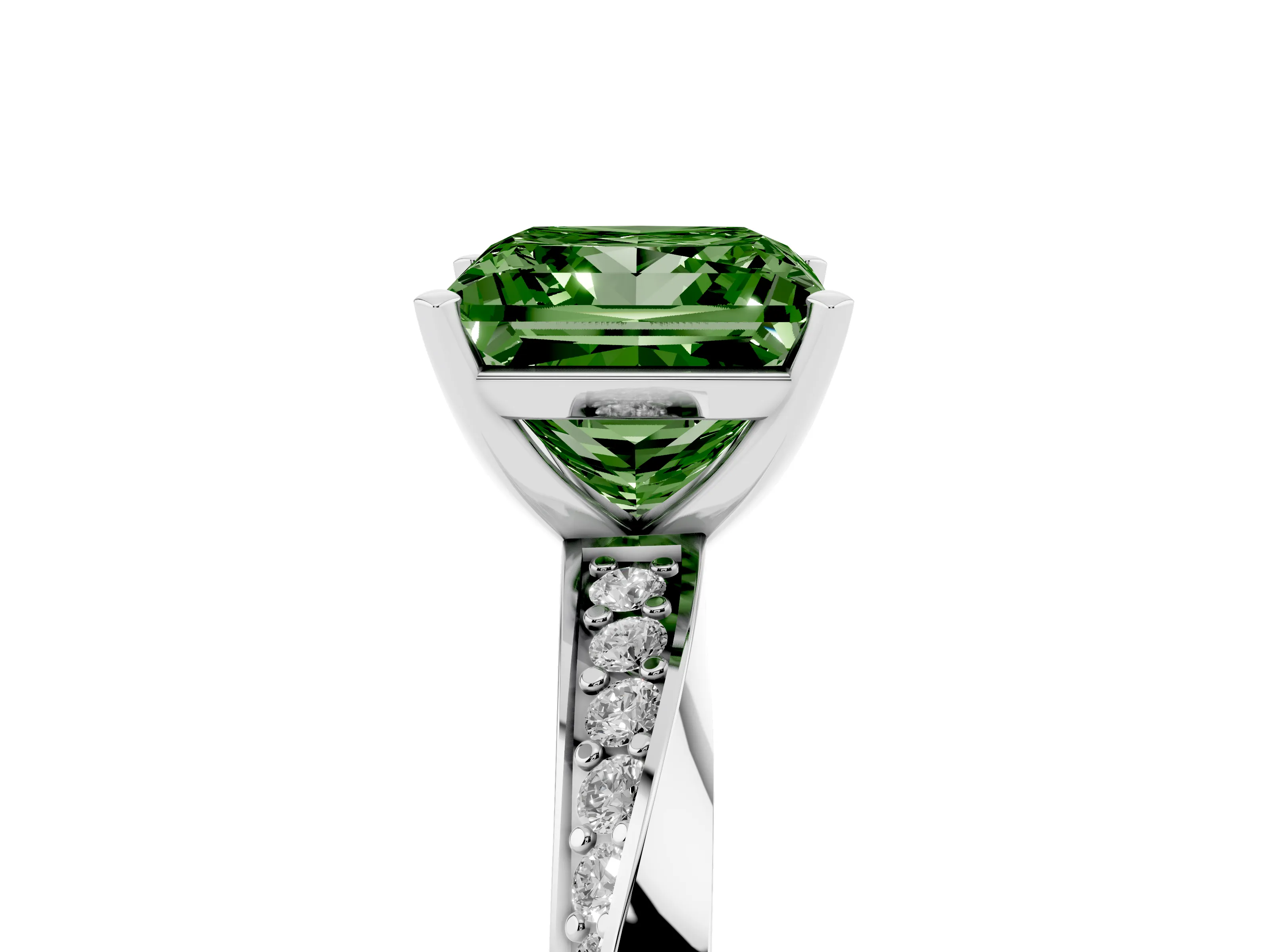 Fancy Green Princess Cut Diamond Engagement Ring Set in White gold with Side Stone Accents and Prong Setting