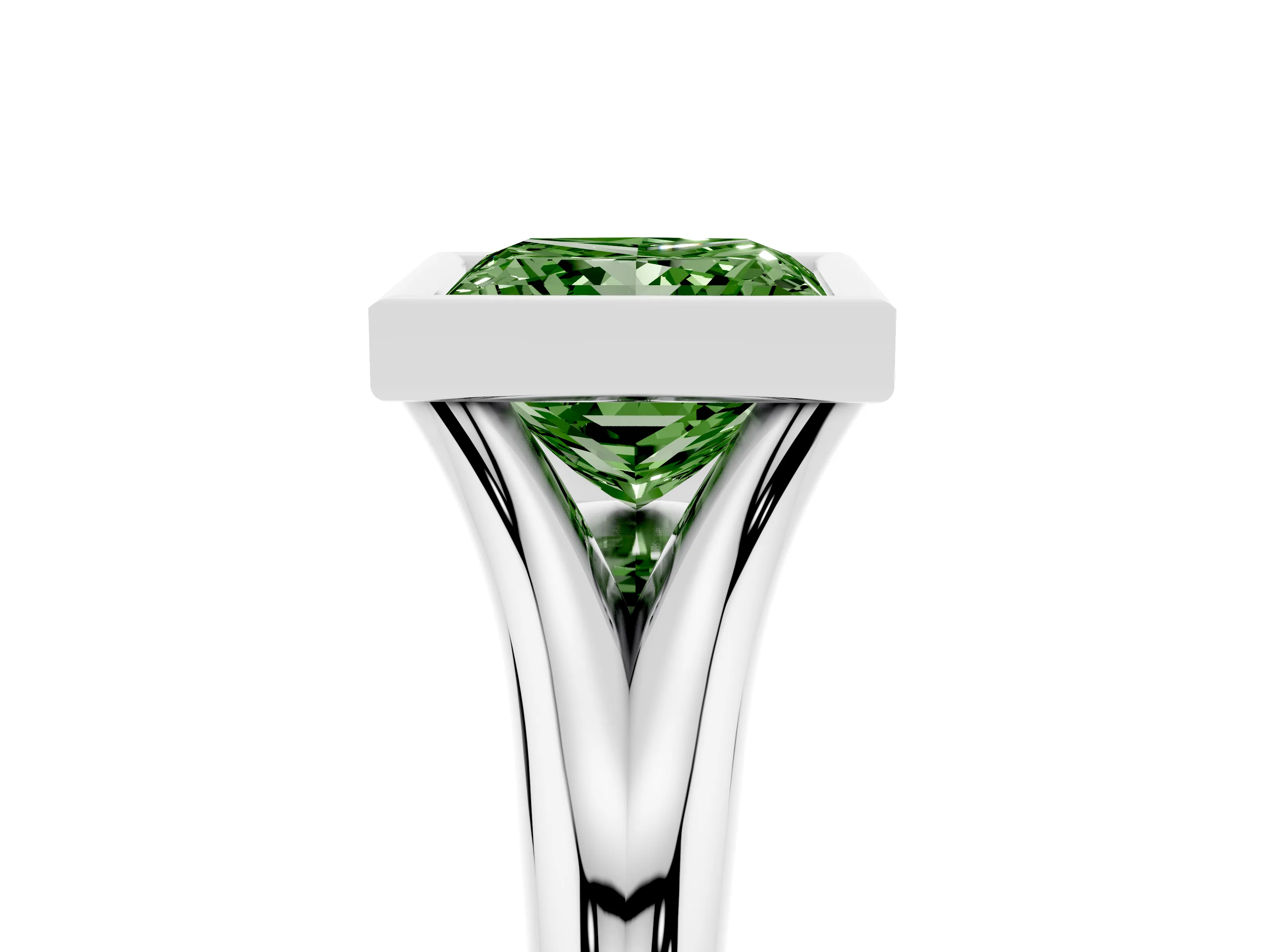Fancy Green Bezel Set Princess Cut Diamond Solitaire Ring Set in White gold with Smooth Band