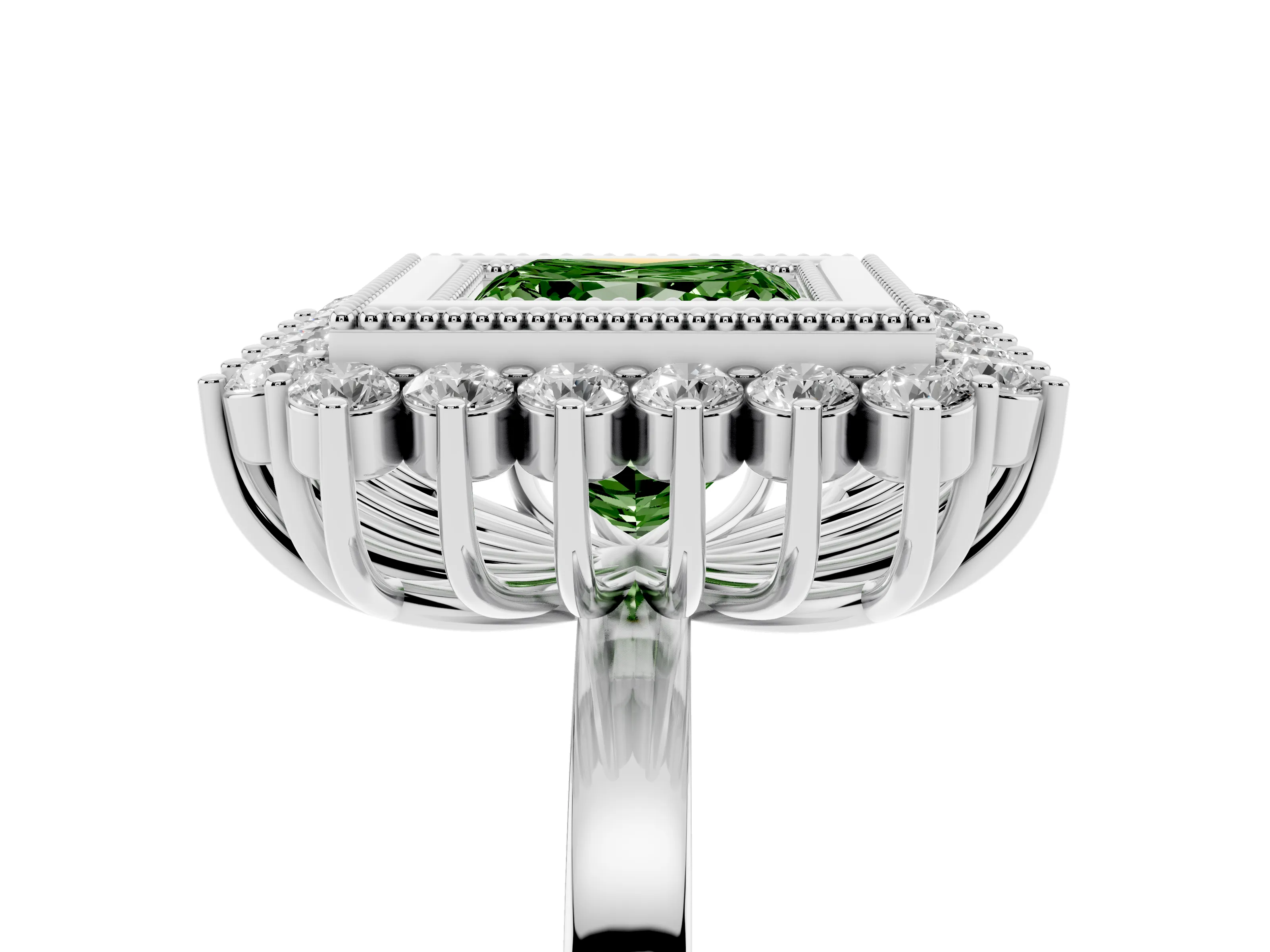 Fancy Green Princess Cut Diamond Halo Ring Set in Platinum with Milgrain Edge and Round Prong Setting