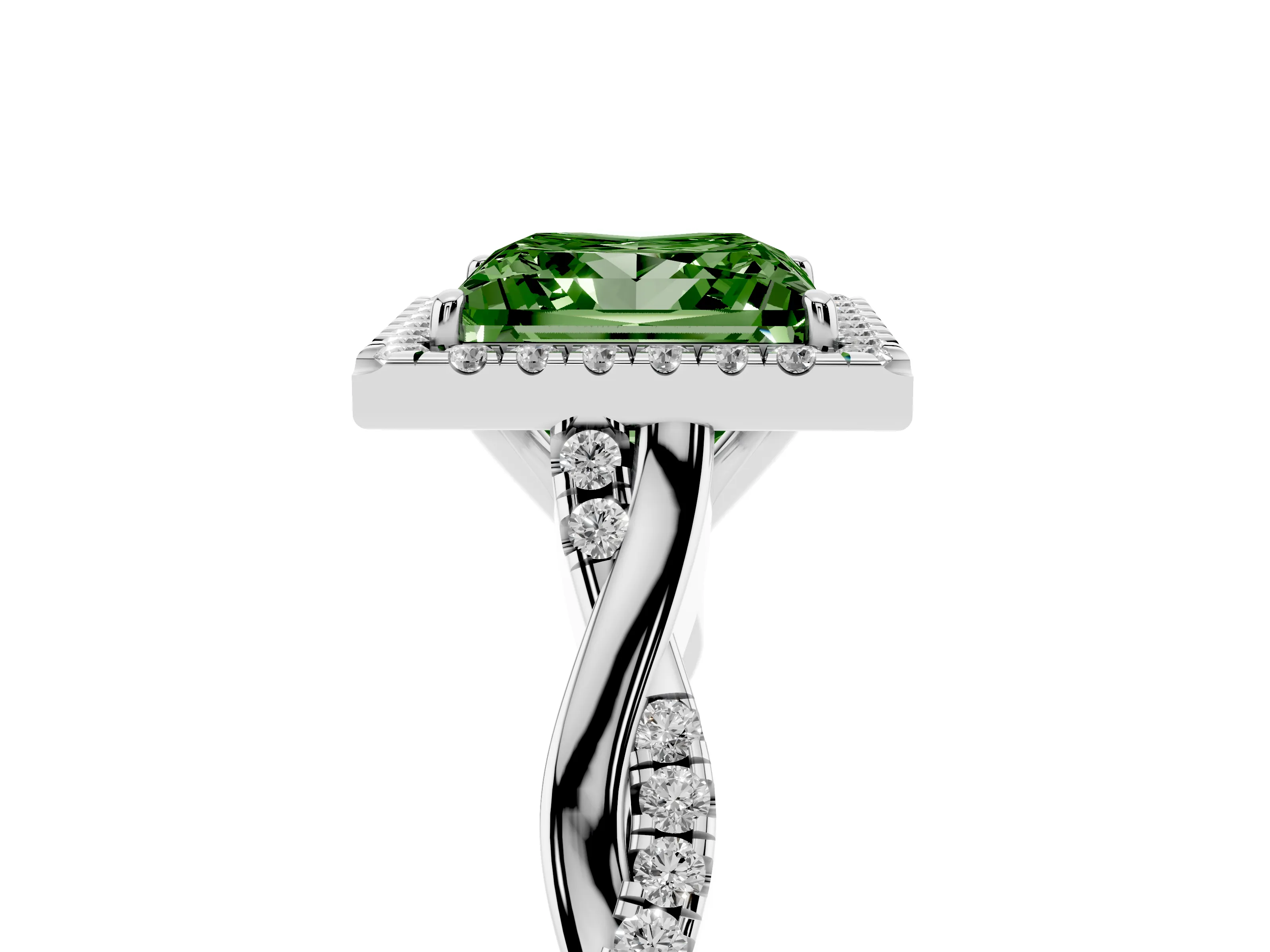 Fancy Green Princess Cut Diamond Halo Twist Band Solitaire Ring Set in Silver with Prong Setting