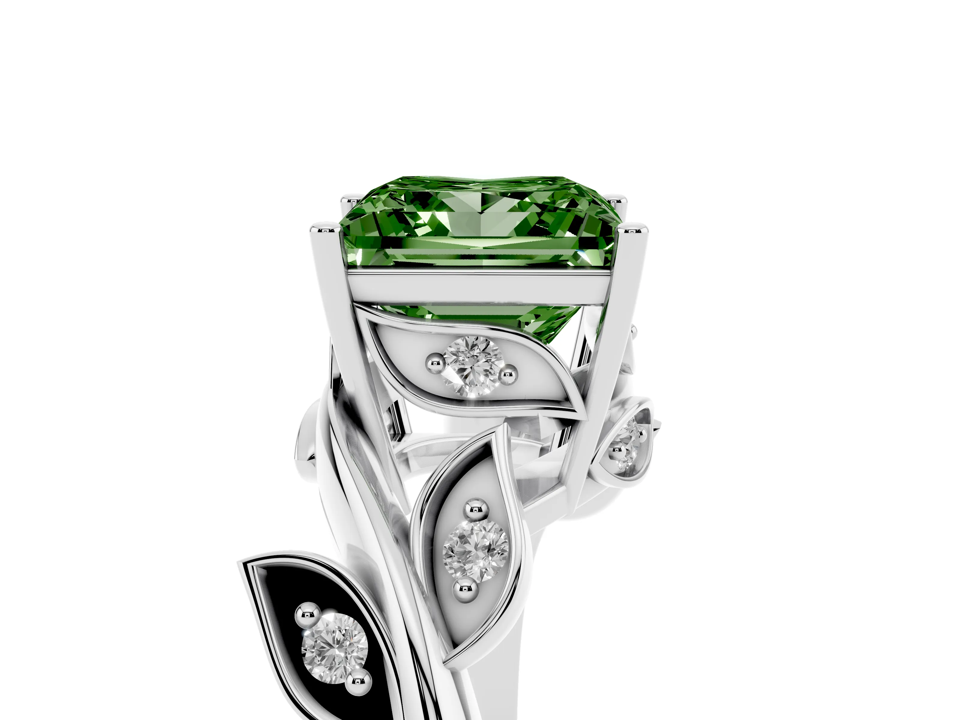Fancy Green Princess Cut Diamond Solitaire Twist Engagement Ring Set in White gold with Pavé Leaf Accents