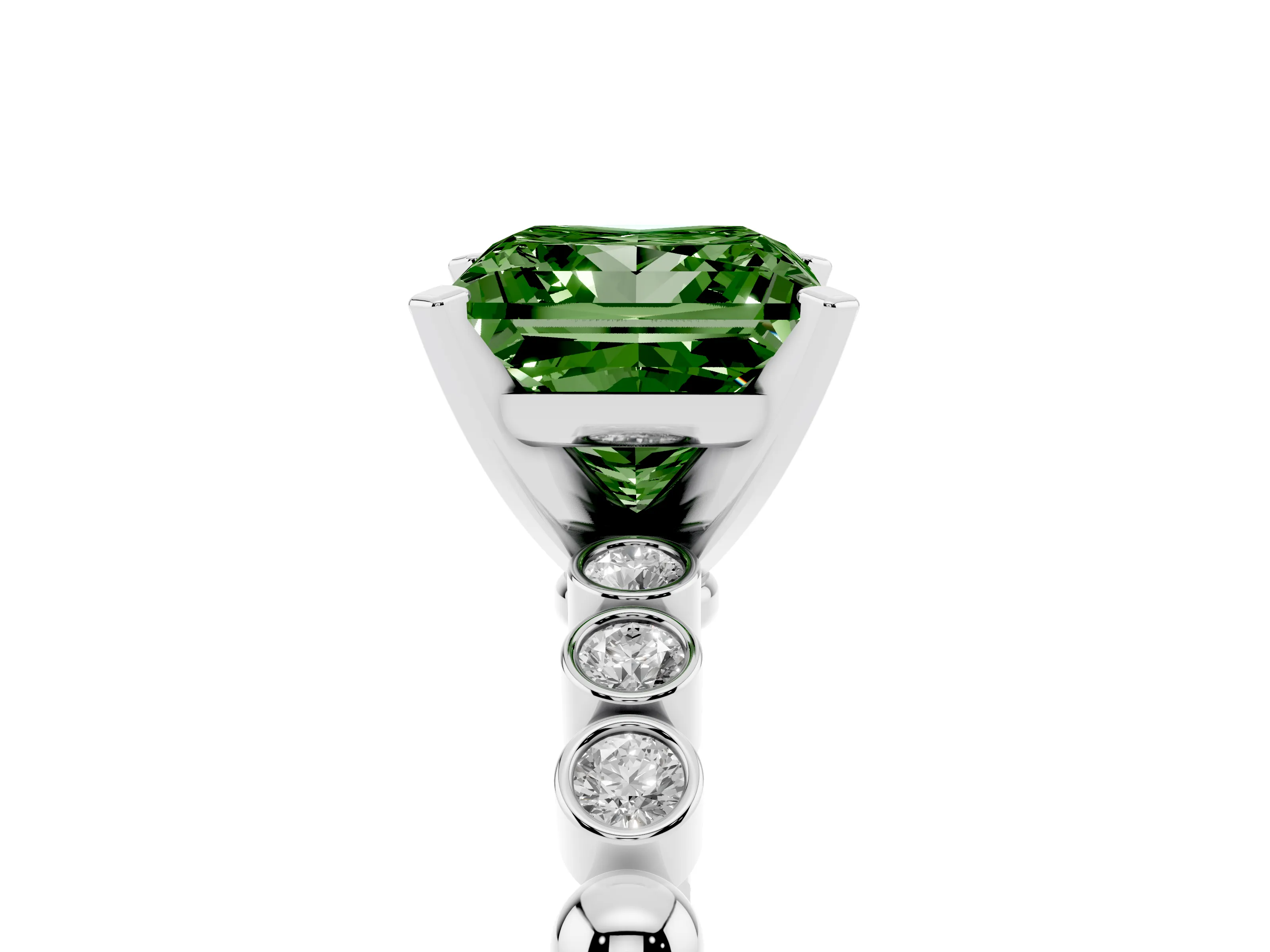 Fancy Green Princess Cut Diamond Solitaire Engagement Ring Set in Silver with Bezel Accents on Beaded Band