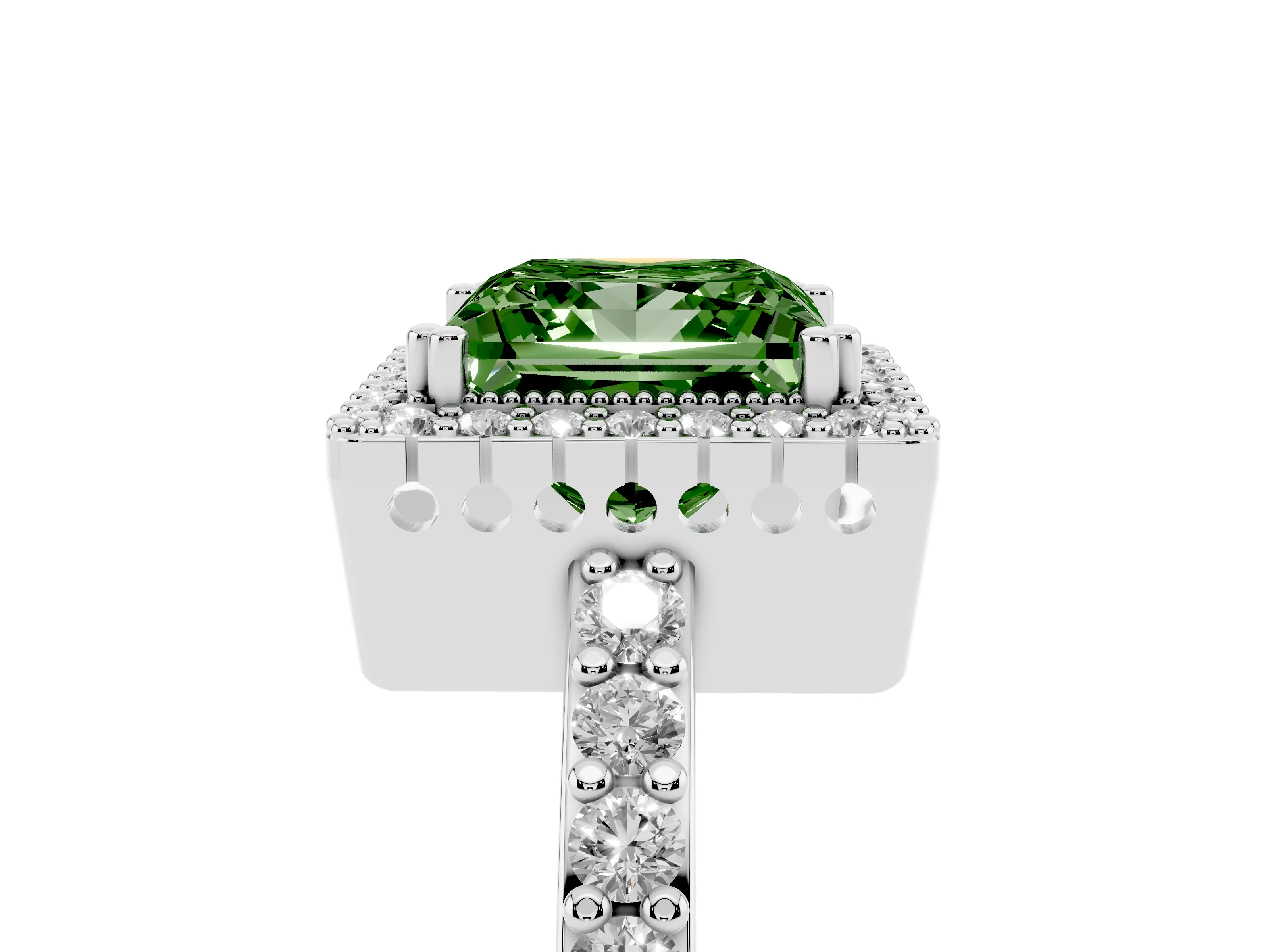 Fancy Green Princess Cut Diamond Halo Engagement Ring Set in White gold with Milgrain Detail and Pavé Band