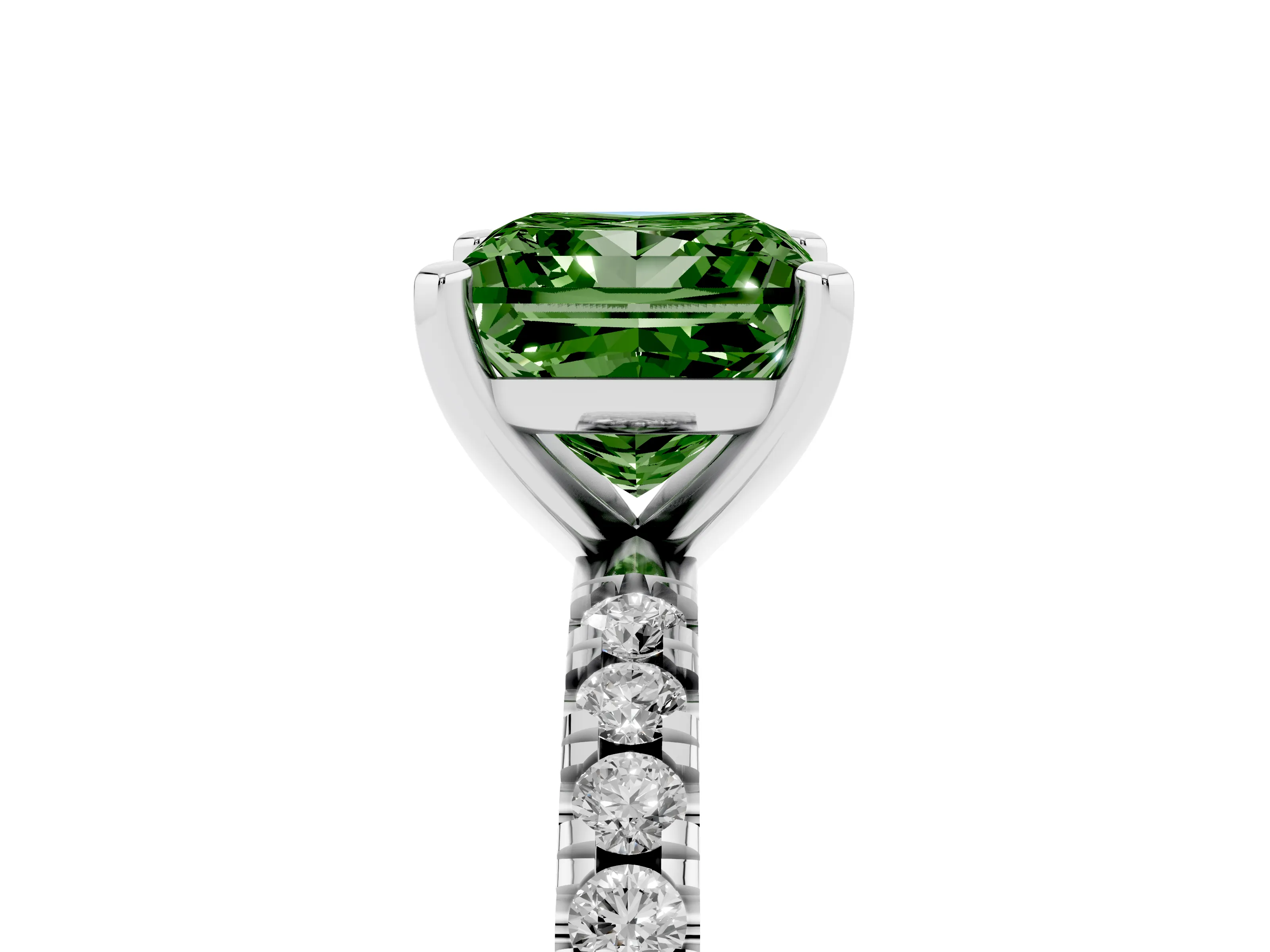 Fancy Green Princess Cut Diamond Pavé Band Solitaire Set in White gold with Prong Setting