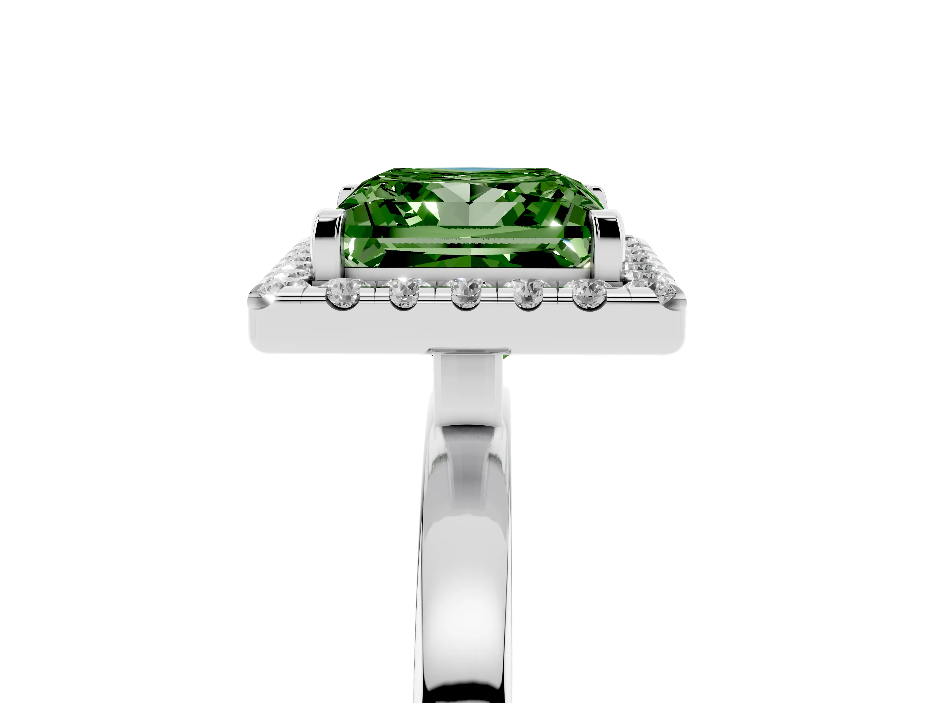 Fancy Green Princess Cut Diamond Halo Solitaire Ring Set in White gold with Pavé Band and Prong Setting