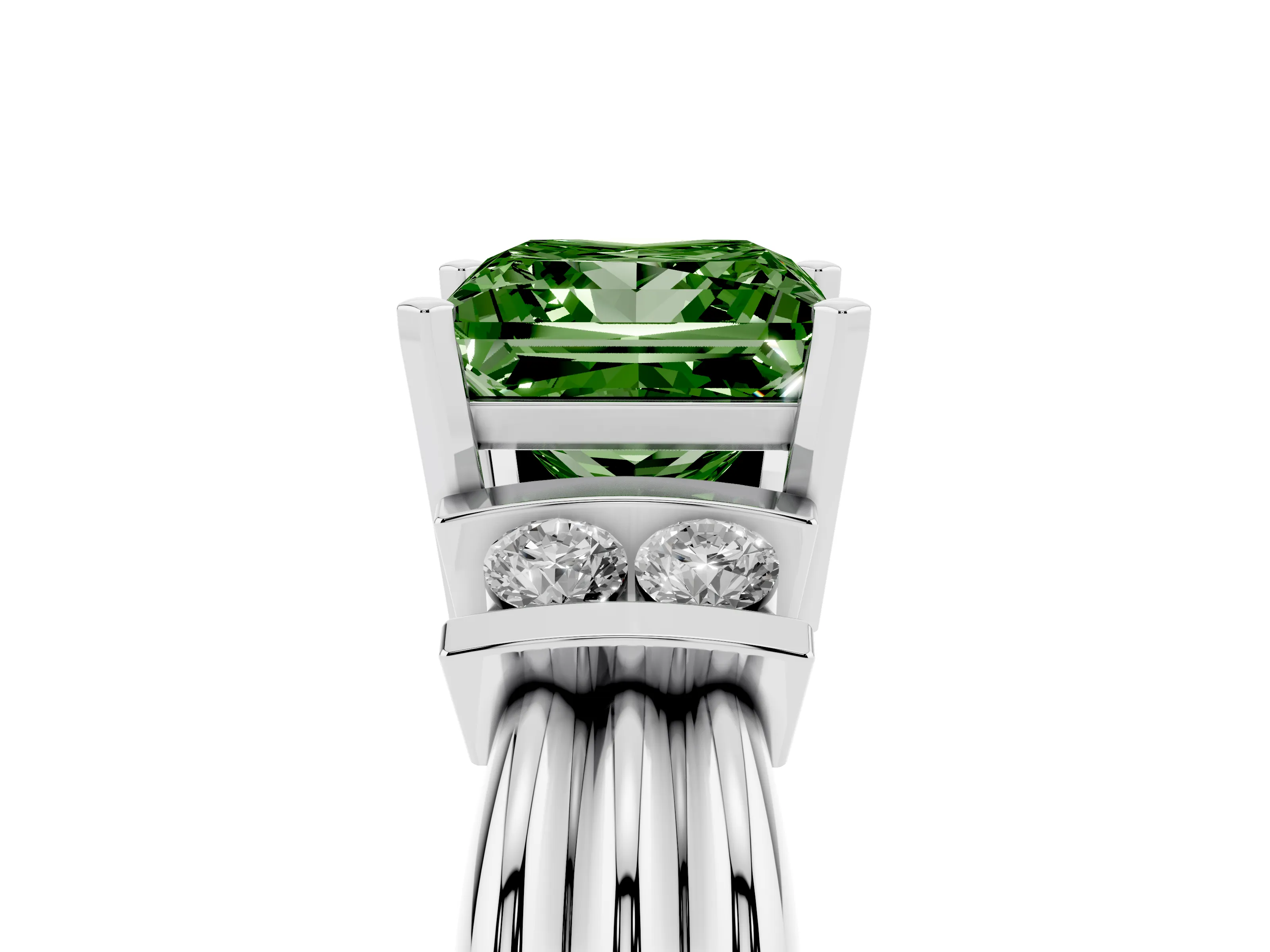 Fancy Green Three-Stone Princess Cut Diamond Channel Set Ring Set in Silver with Bar Prongs