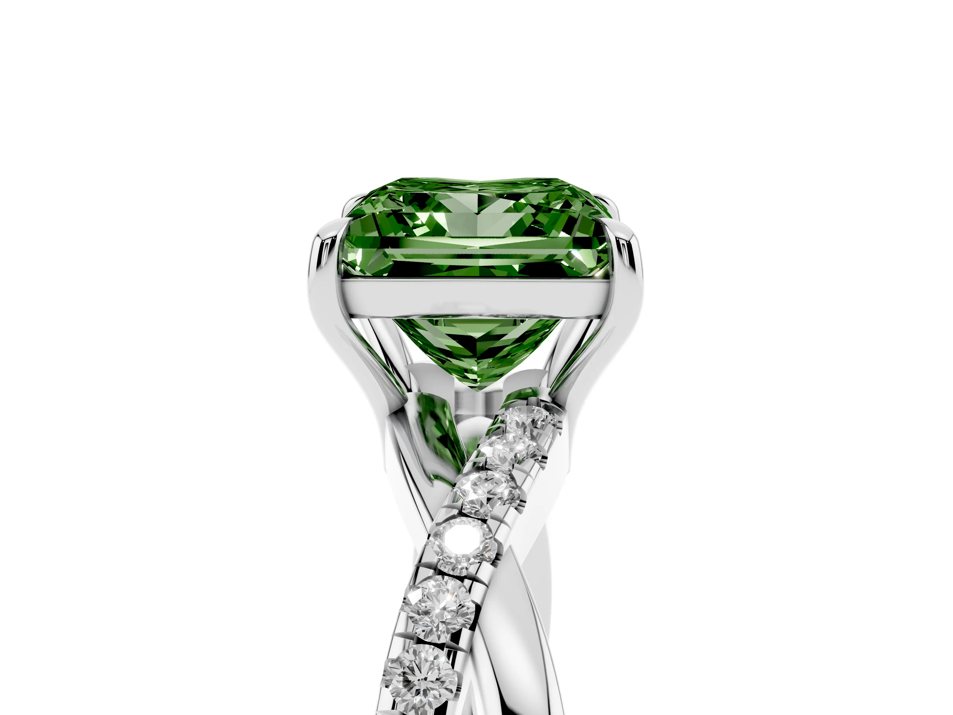 Fancy Green Princess Cut Diamond Twisted Pavé Band Ring Set in Silver with Prong Setting
