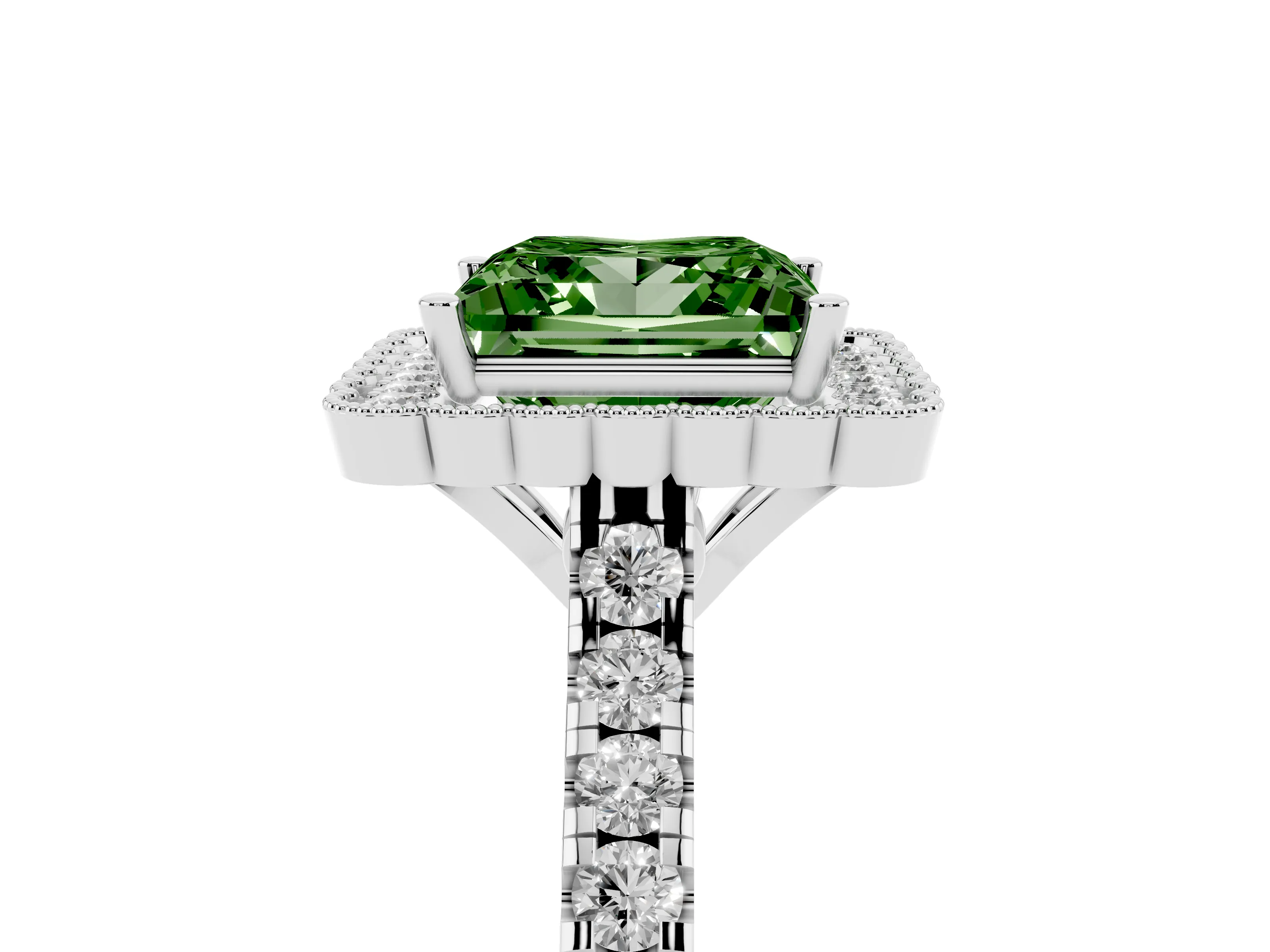 Fancy Green Princess Cut Diamond Milgrain Floral Halo Engagement Ring Set in Silver with Pavé Band