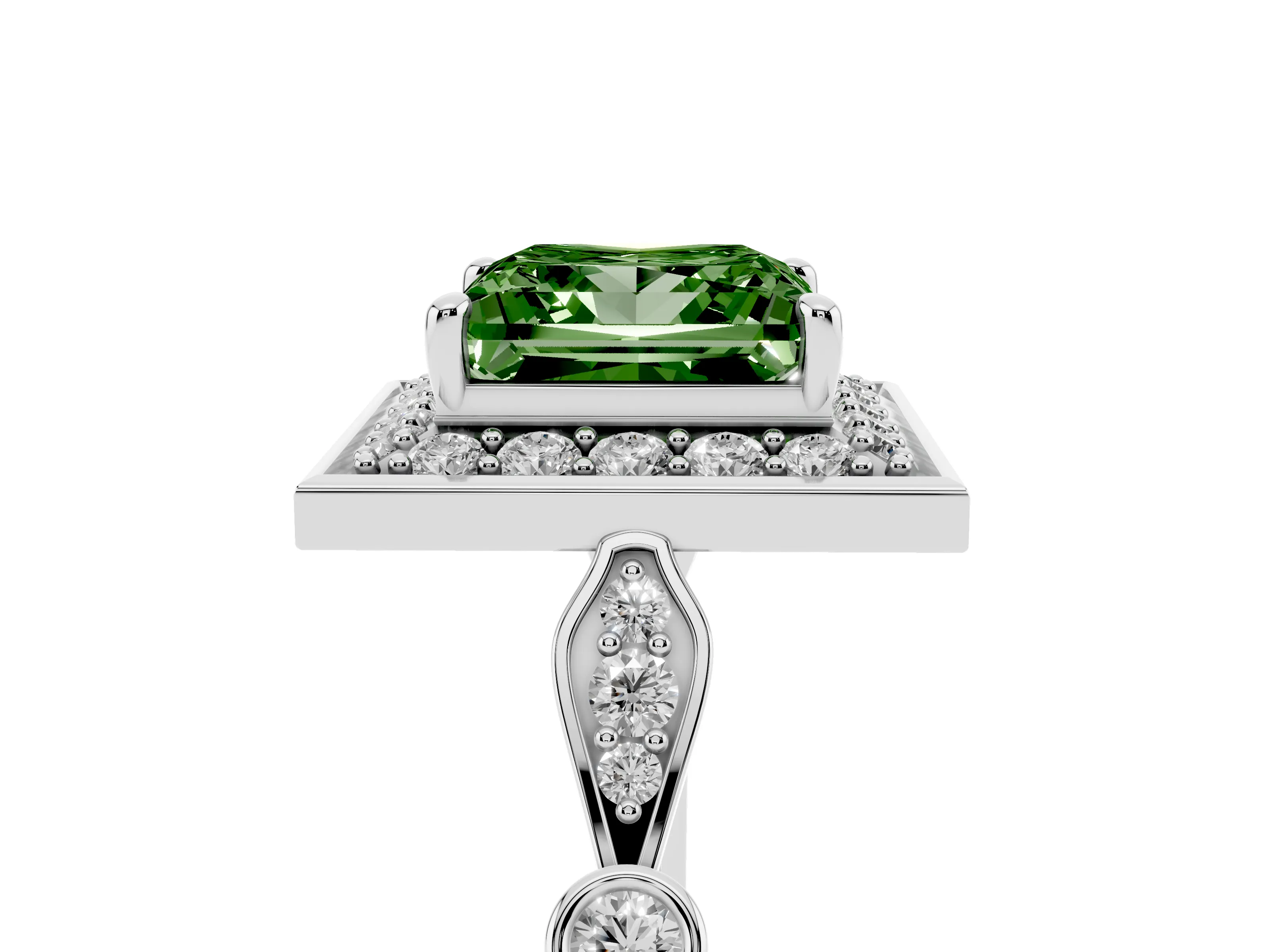 Fancy Green Princess Cut Diamond Halo Engagement Ring Set in Platinum with Twisted Band and Prong Setting