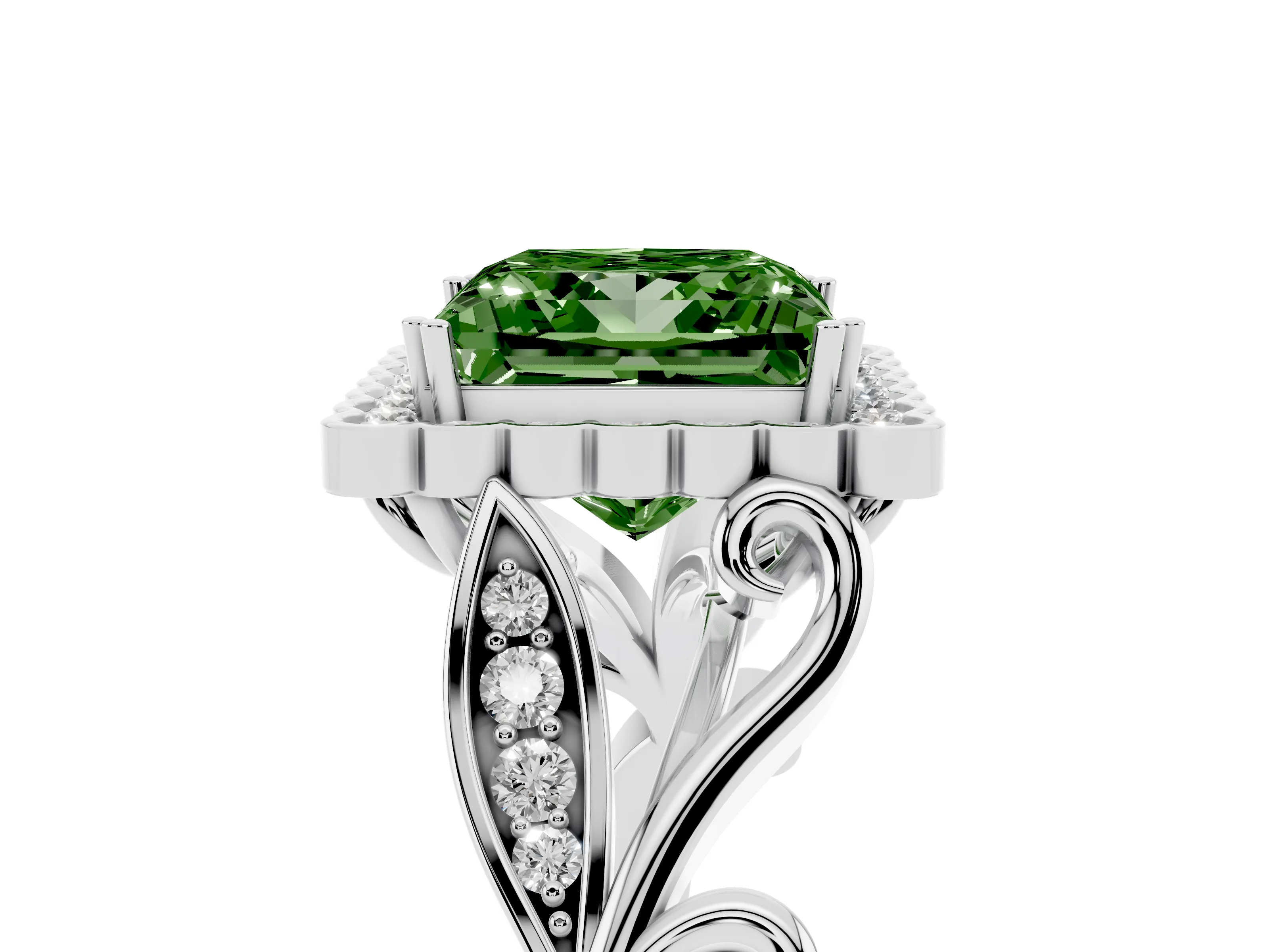 Fancy Green Princess Cut Diamond Halo Ring Set in White gold with Leaf Motif Split Shank and Prong Setting