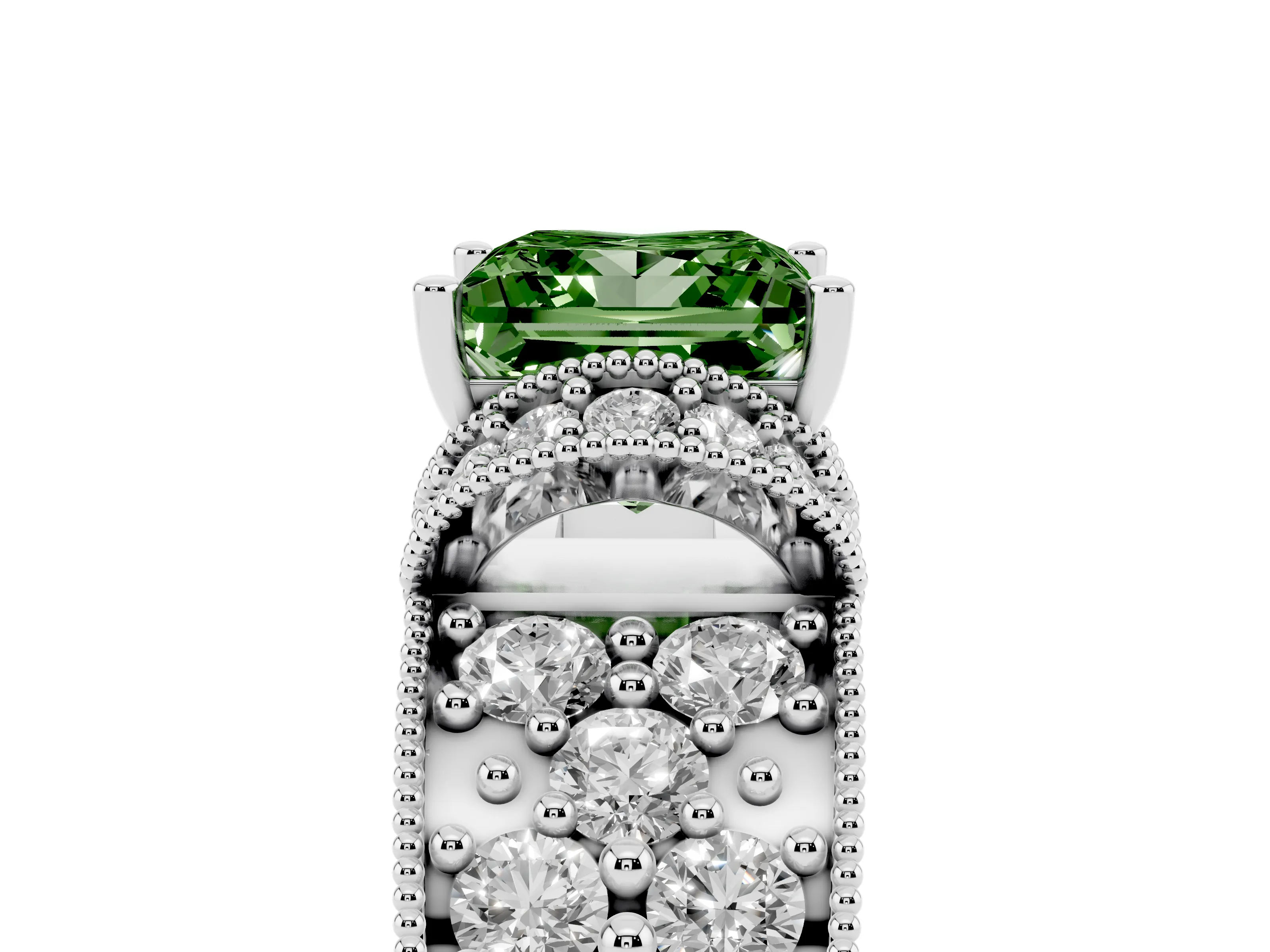 Fancy Green Princess Cut Diamond Milgrain Halo Pavé Engagement Ring Set in White gold with Prong Setting