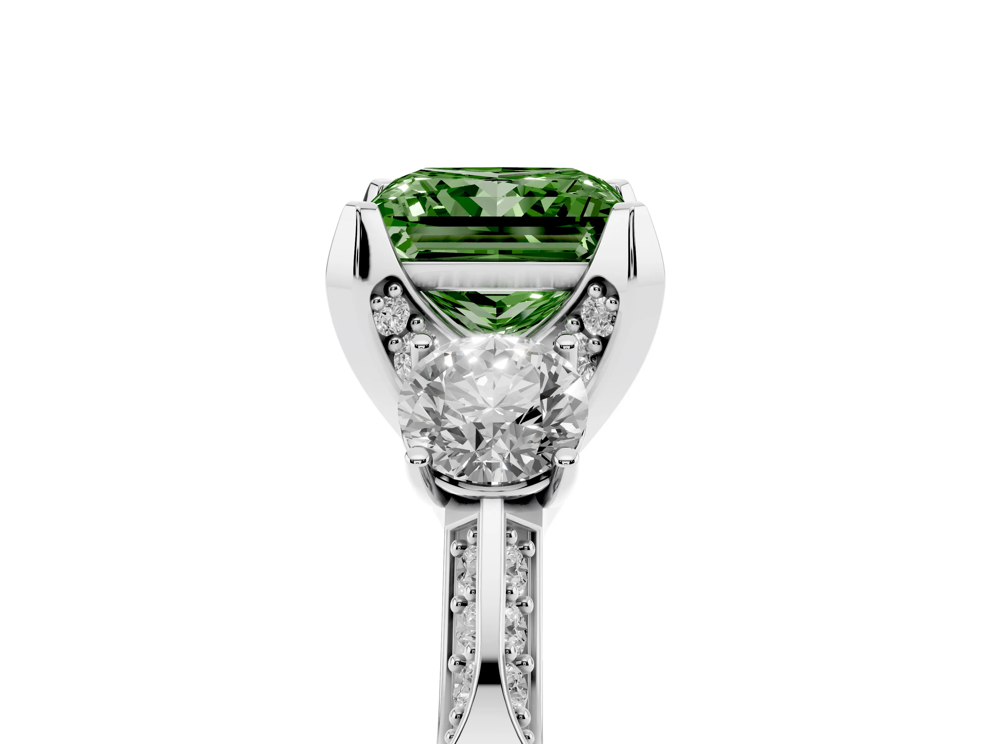 Fancy Green Princess Cut Diamond Three-Stone Ring Set in Silver with Pavé Band and Smaller Side Stones