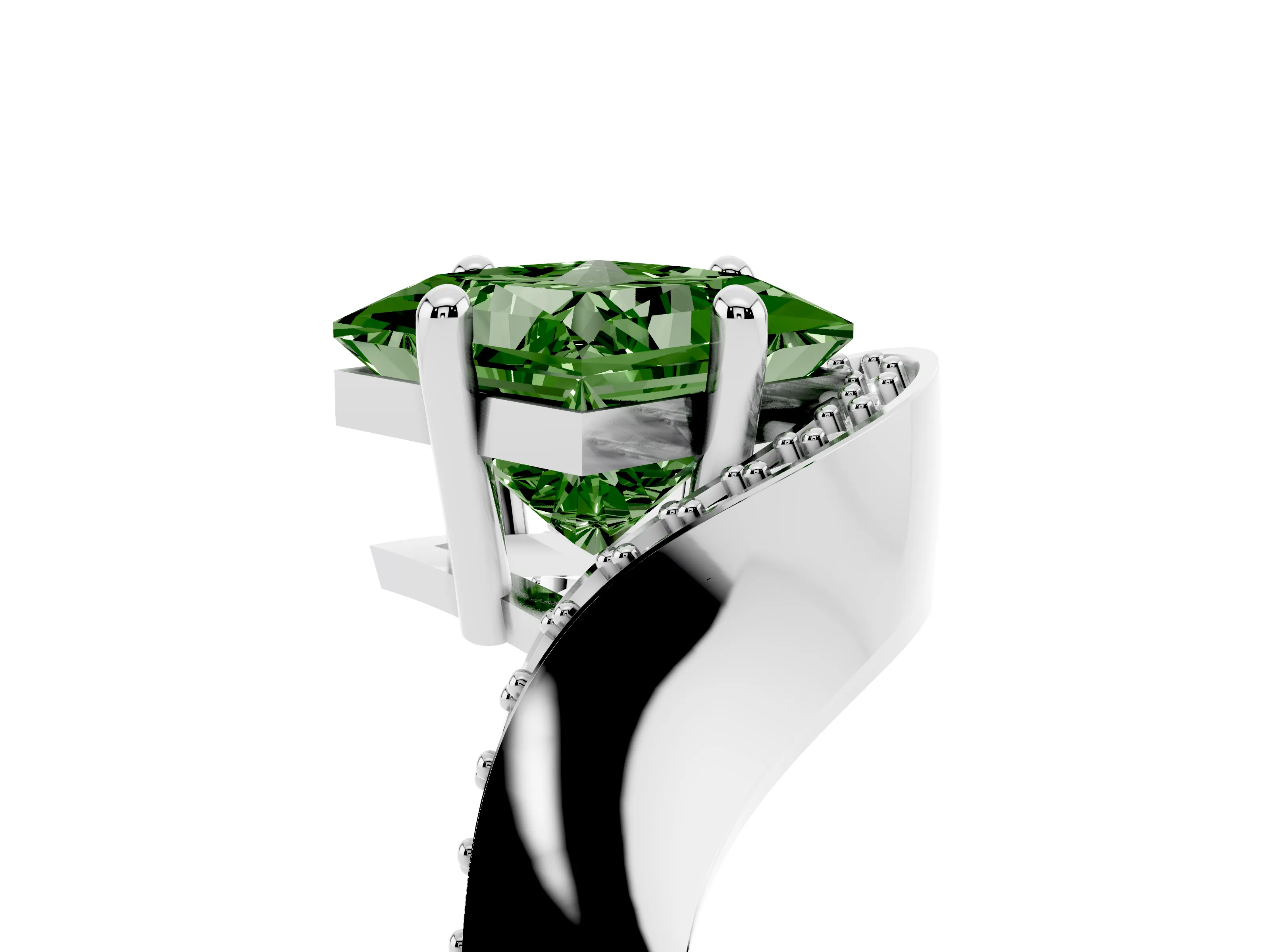 Fancy Green Princess Cut Diamond Solitaire Engagement Ring Set in Platinum with Pavé Shoulders