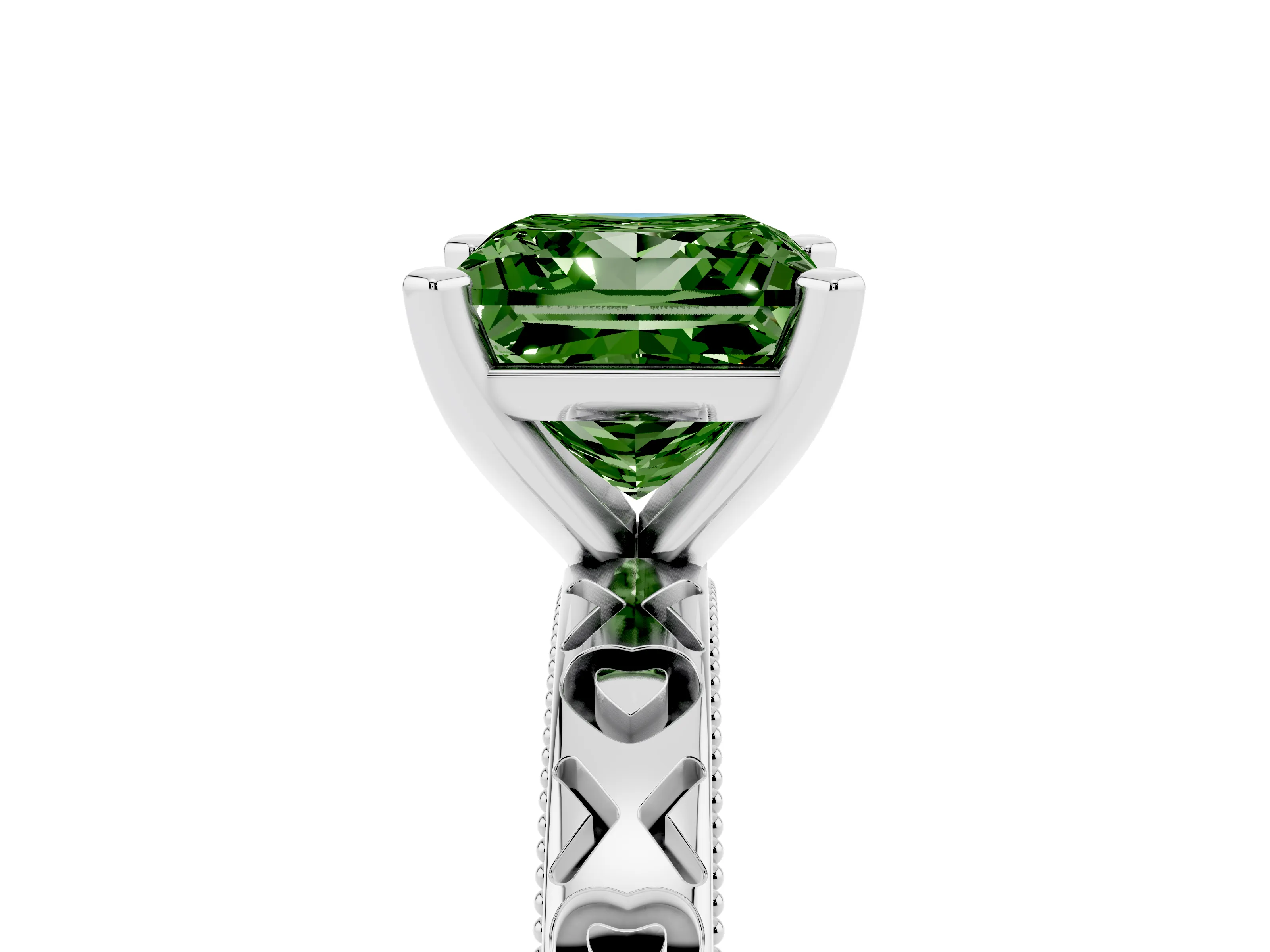 Fancy Green Princess Cut Diamond Solitaire Engagement Ring Set in White gold with XO Engraved Band and Prong Setting