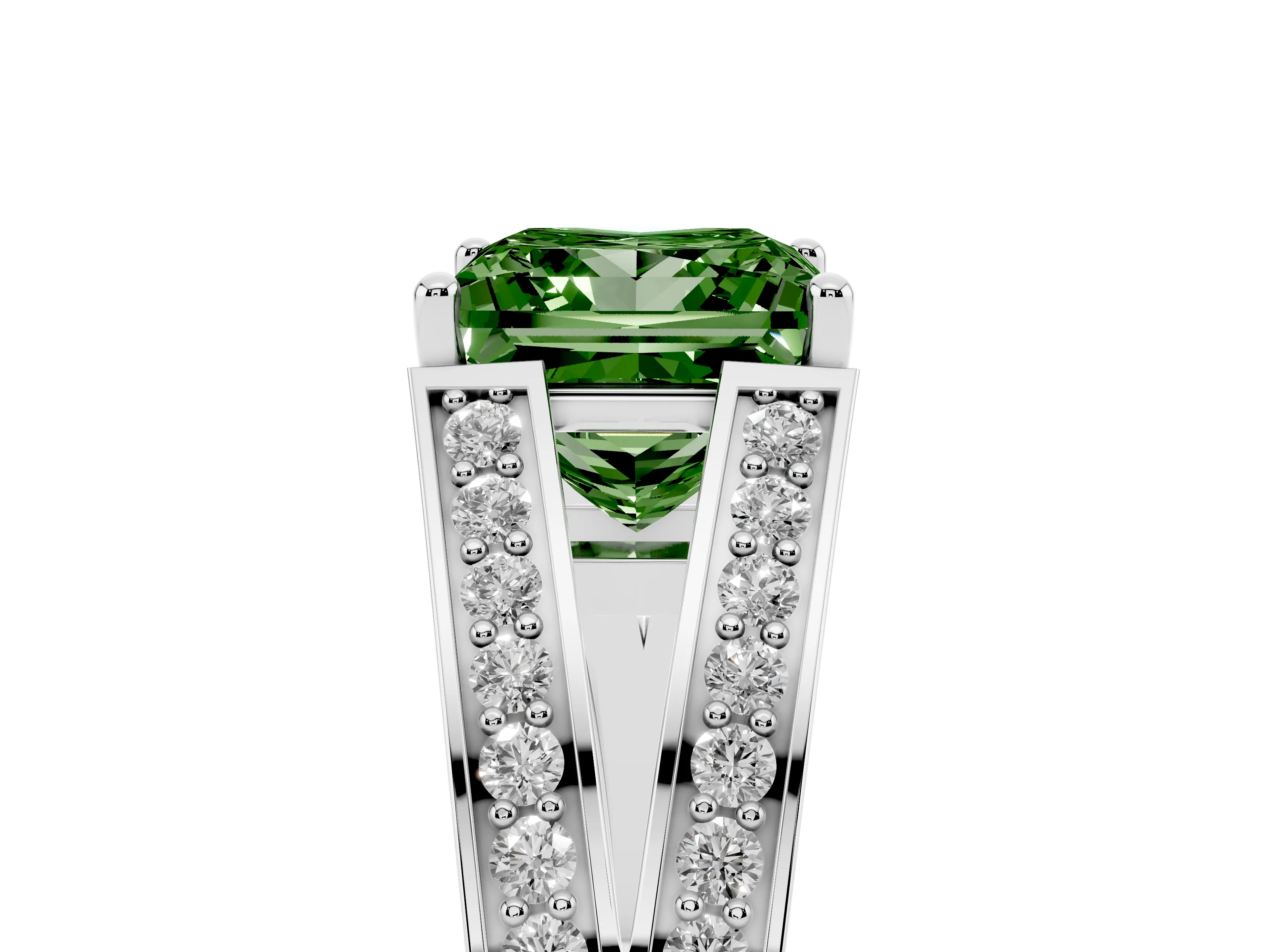 Fancy Green Princess Cut Diamond Split Shank Ring Set in White gold with Pavé Band and Prong Setting