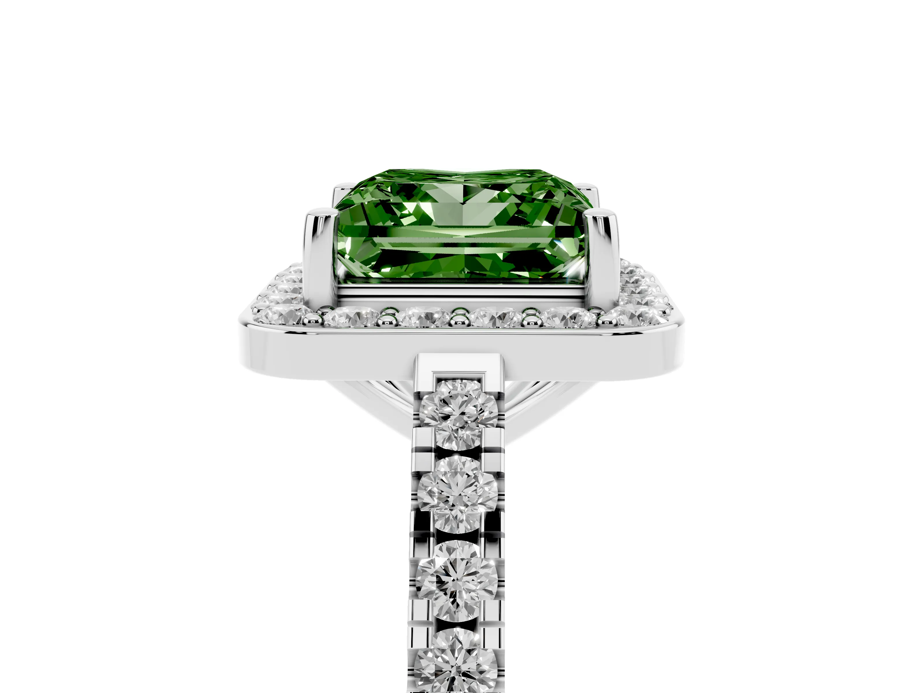Fancy Green Princess Cut Diamond Halo Ring Set in Silver with Round Pavé Split Shank and Prong Setting