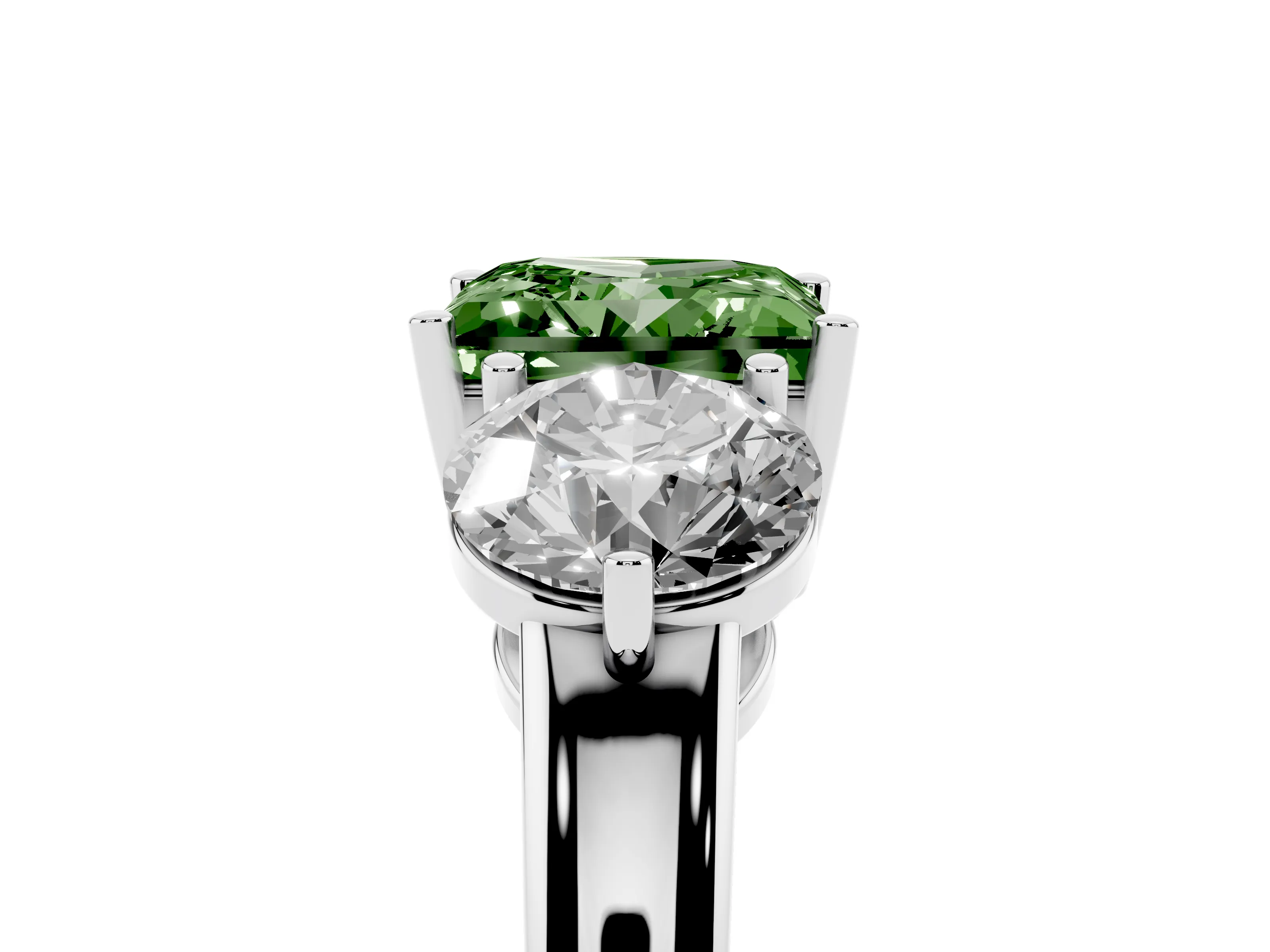 Fancy Green Princess Cut Diamond Three-Stone Ring Set in White gold with Prong Setting and Plain Band