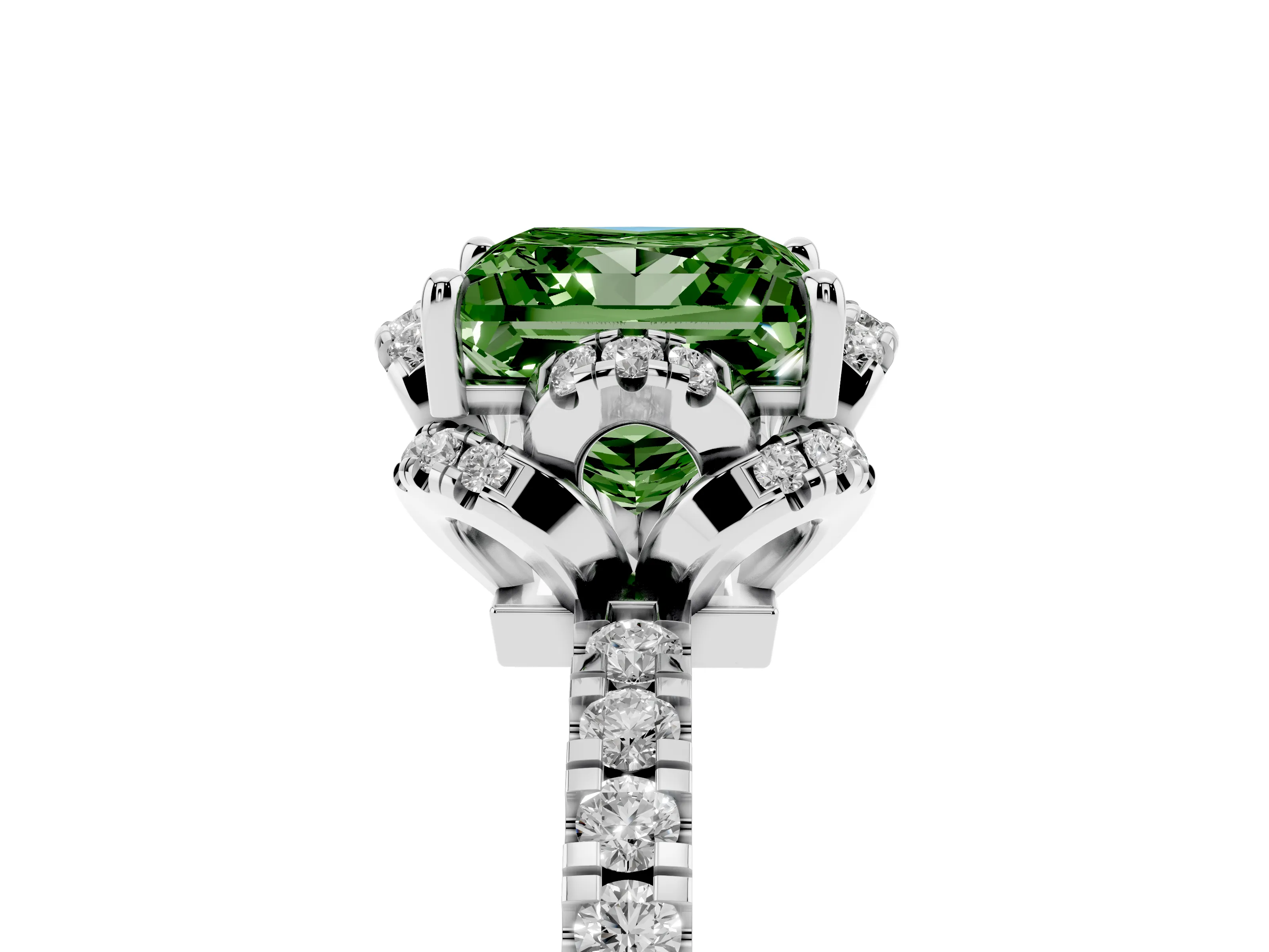 Fancy Green Princess Cut Diamond Halo Pavé Band Ring Set in Platinum with Prong-Held Center