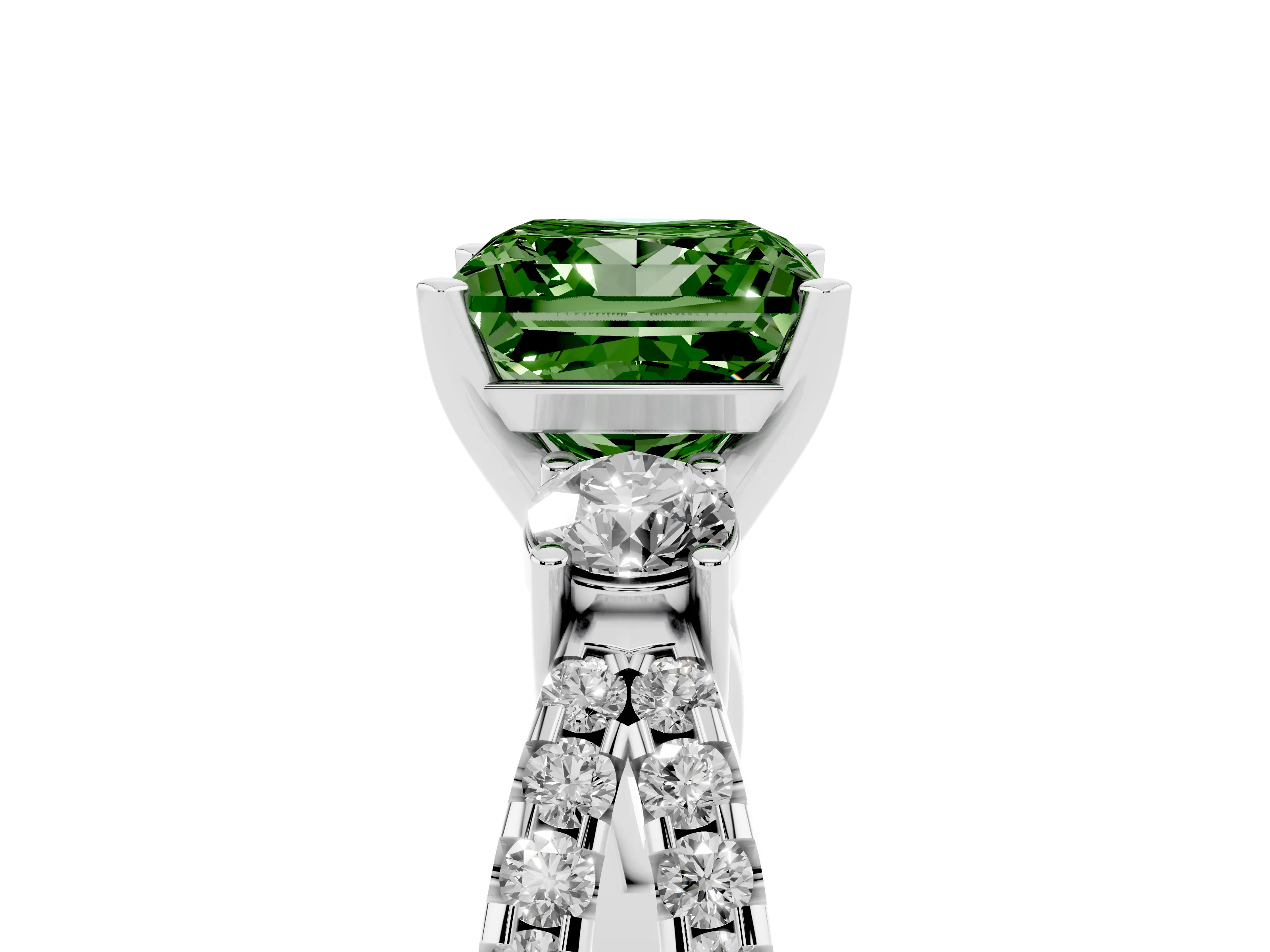 Fancy Green Princess Cut Diamond Three-Stone Ring Set in White gold with Pavé Split Shank and Prong Setting