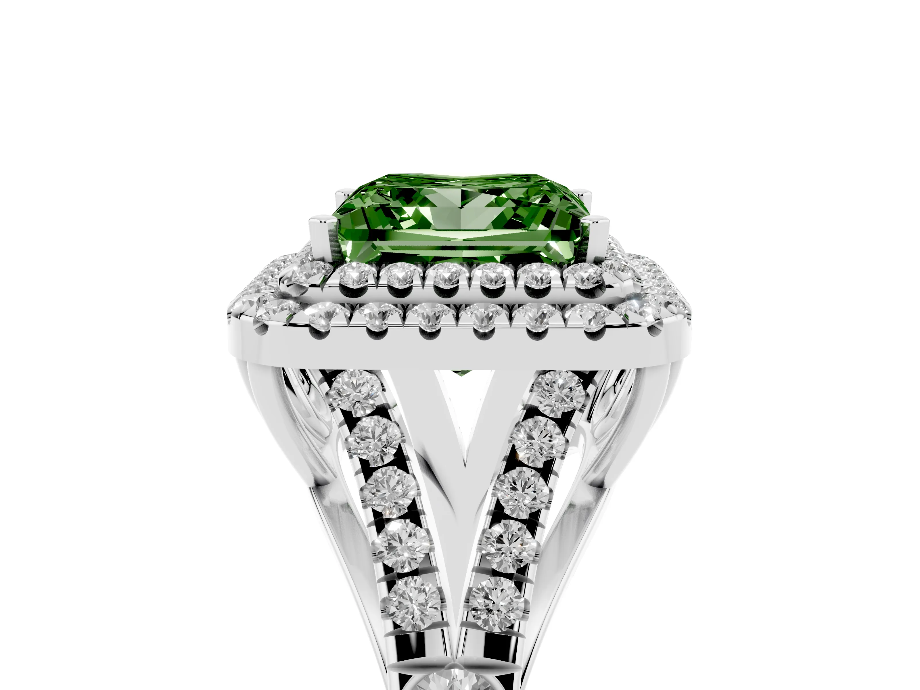 Fancy Green Princess Cut Diamond Pavé Split Shank Double Halo Engagement Ring Set in Platinum