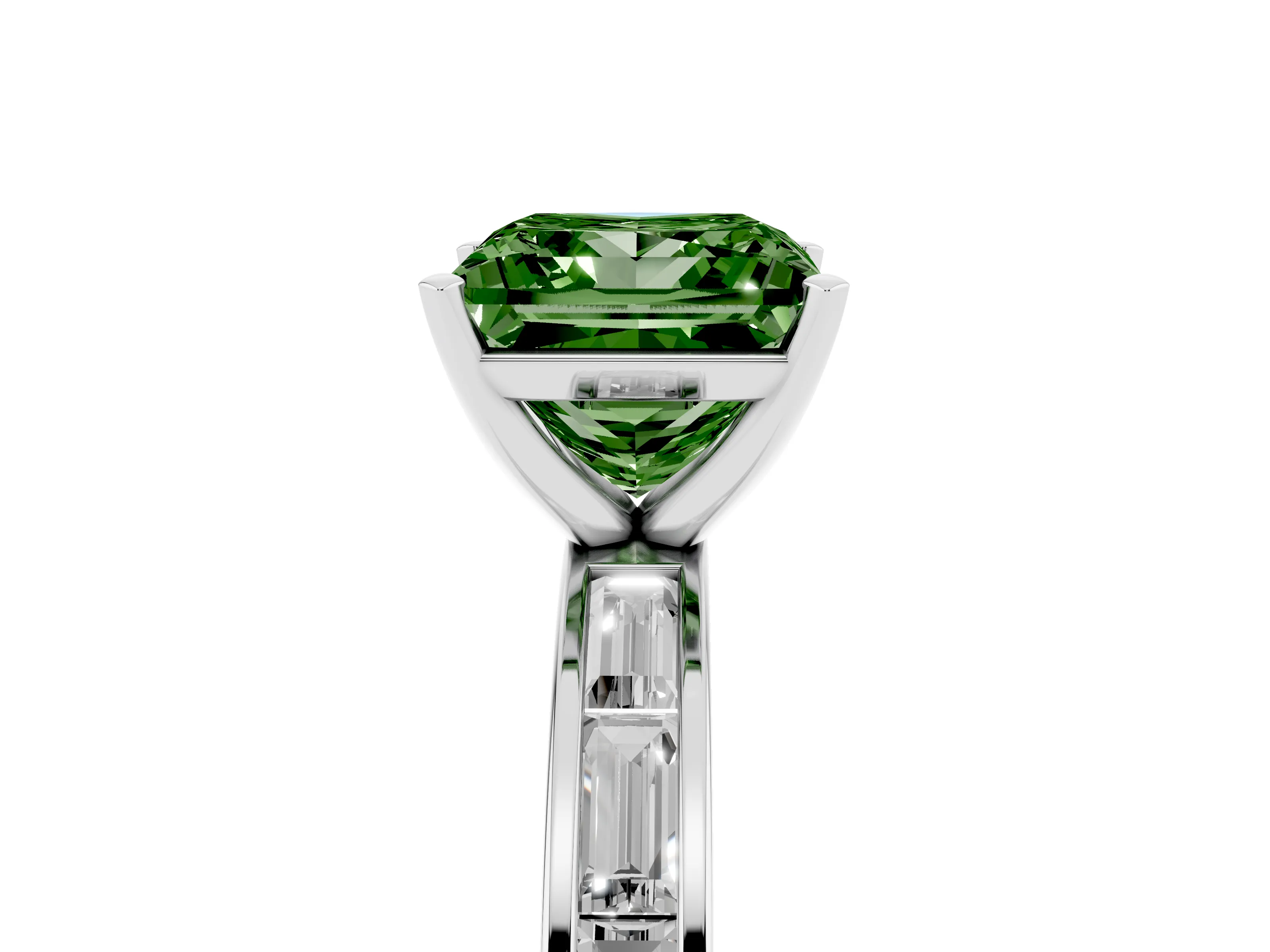 Fancy Green Princess Cut Diamond Solitaire Ring Set in Platinum with Channel-Set Baguette Band and Prong Setting