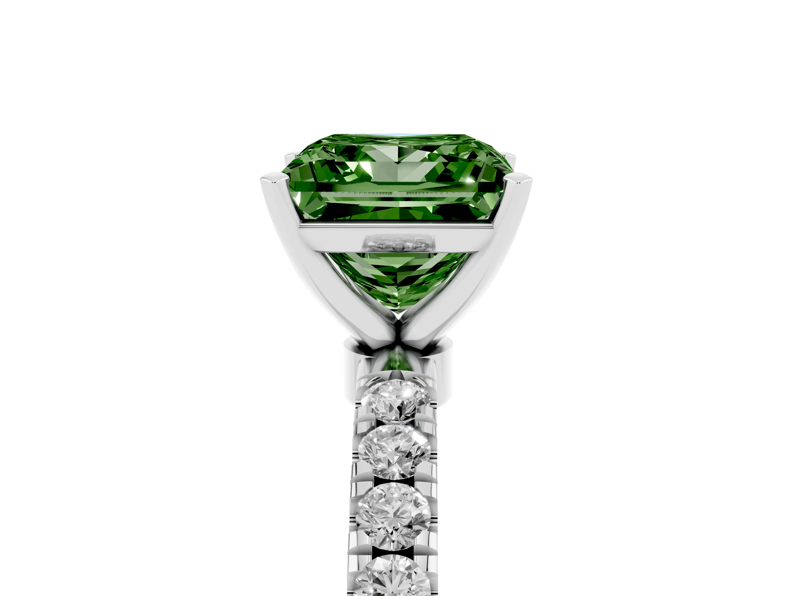 Fancy Green Princess Cut Diamond Solitaire Ring Set in Silver with Pavé Accents and Prong Setting