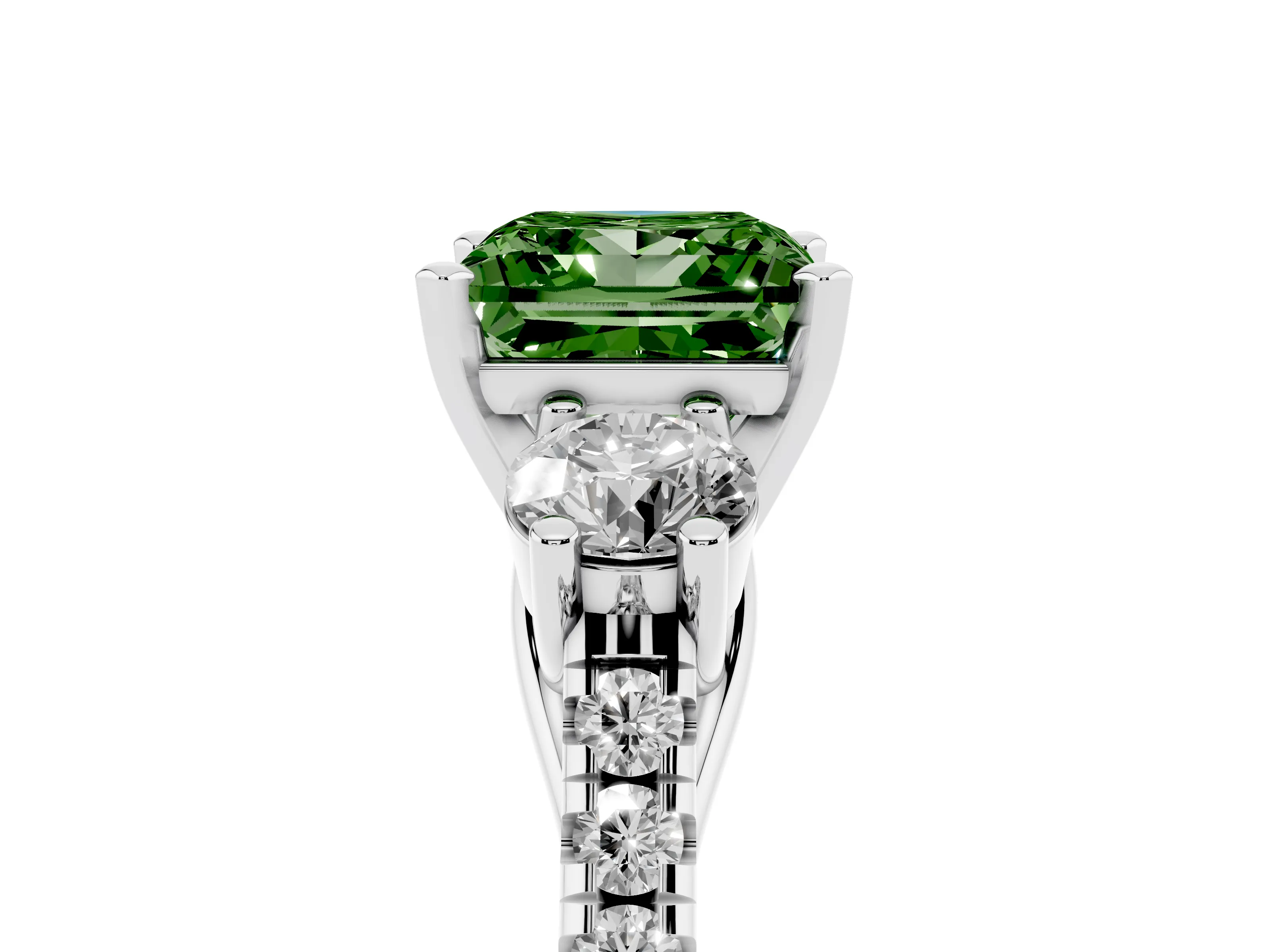 Fancy Green Three-Stone Princess Cut Diamond Pavé Band Ring Set in Platinum with Prong-Set Trio