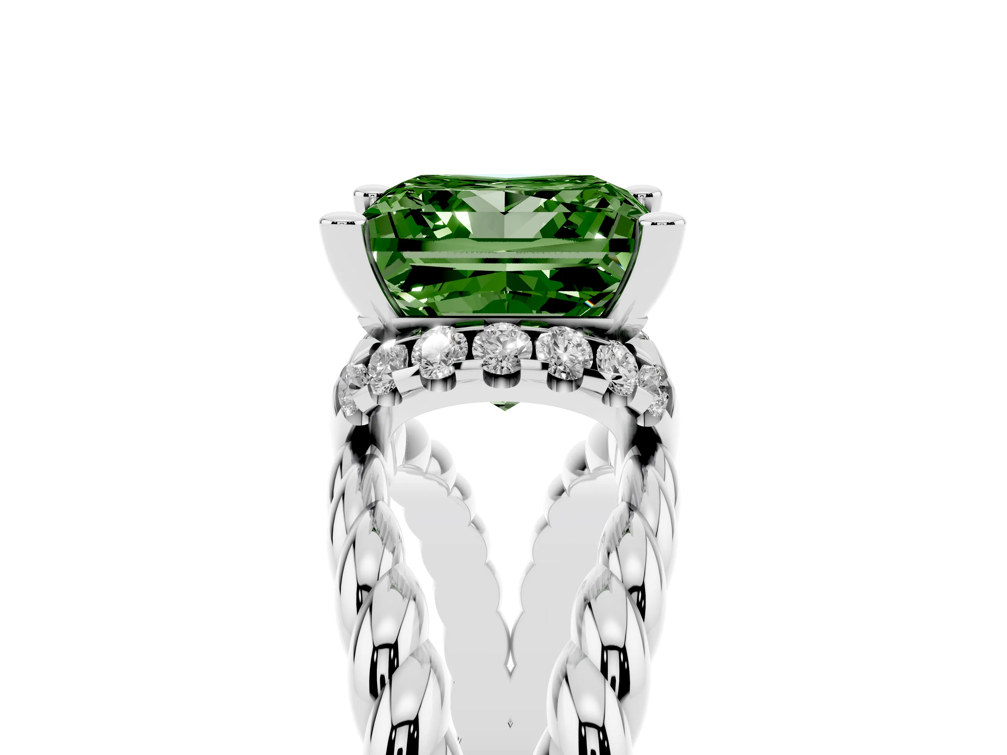 Fancy Green Princess Cut Diamond Halo Ring Set in White gold with Twisted Band and Prong Setting