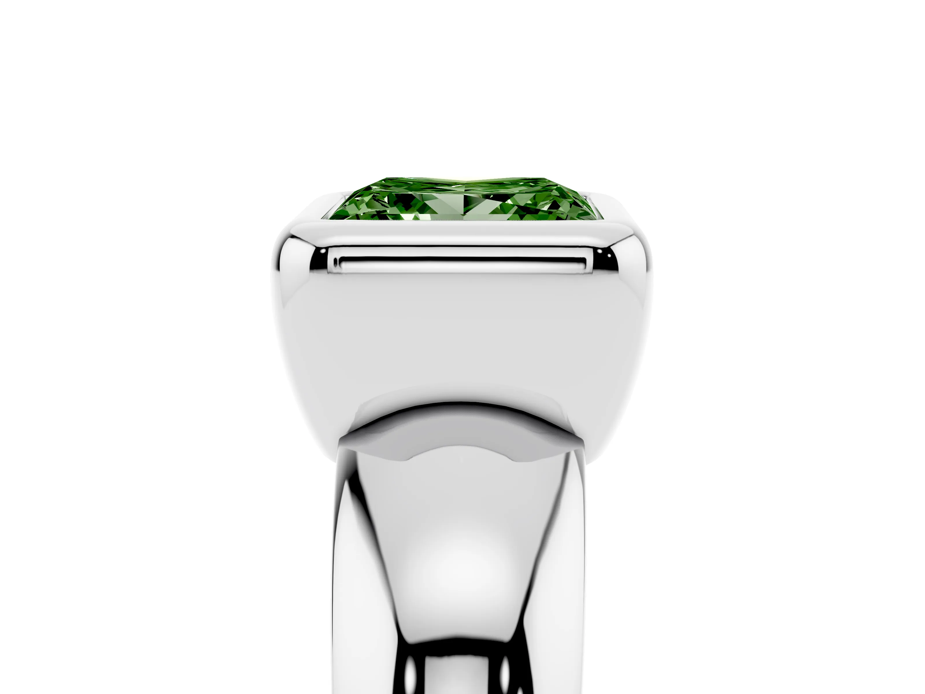 Fancy Green Bezel Set Princess Cut Diamond Solitaire Ring Set in White gold with Wide Band