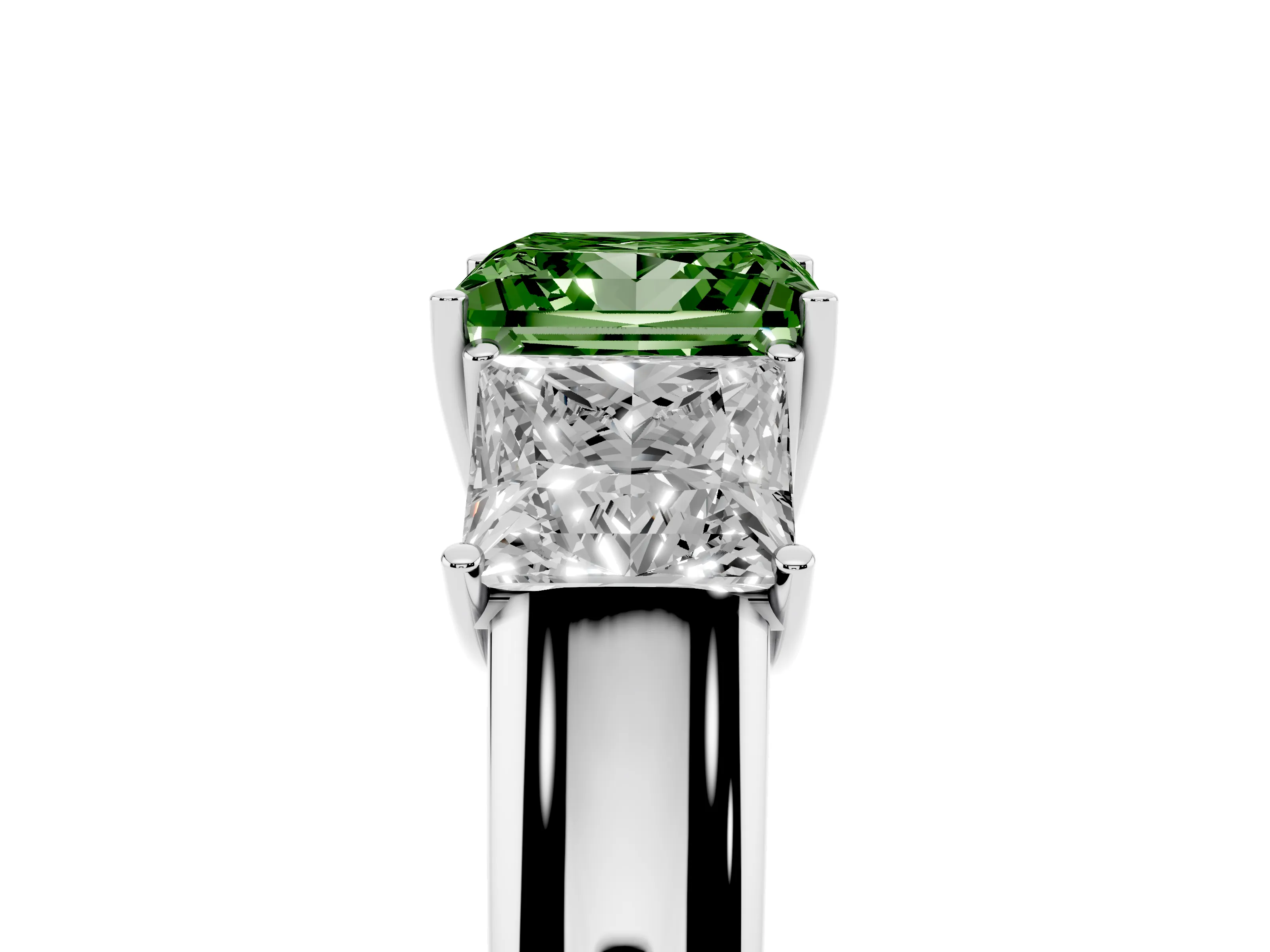 Fancy Green Three-Stone Princess Cut Diamond Ring Set in Platinum with Matching Prong Settings and Plain Band
